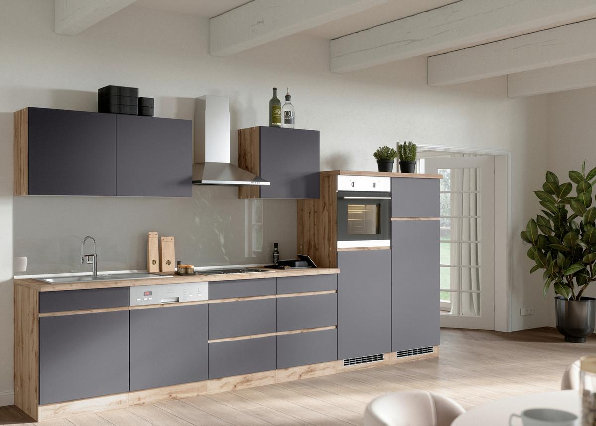 Küchenzeile Turin mit Geräte B: 360cm Grau/Wotaneiche Dekor - Eiche Wotan/Grau, Design, Holzwerkstoff (360cm) - Held