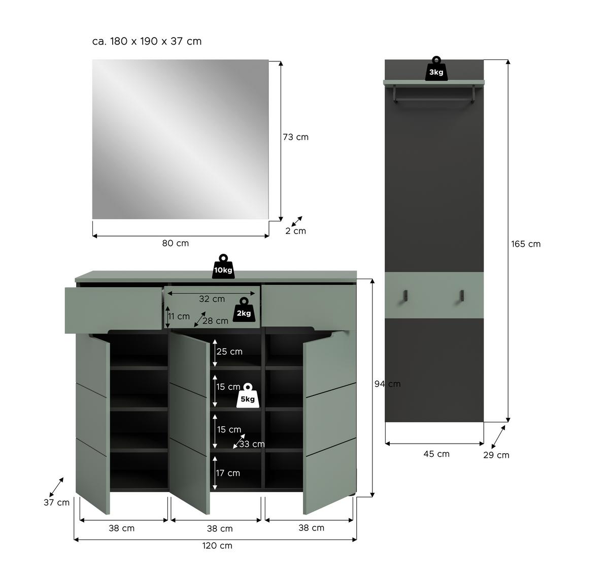Garderobe Canu 3-Teilig Grau/Grün B: 180 cm - Design, Holzwerkstoff (180/190/37cm) - Livetastic