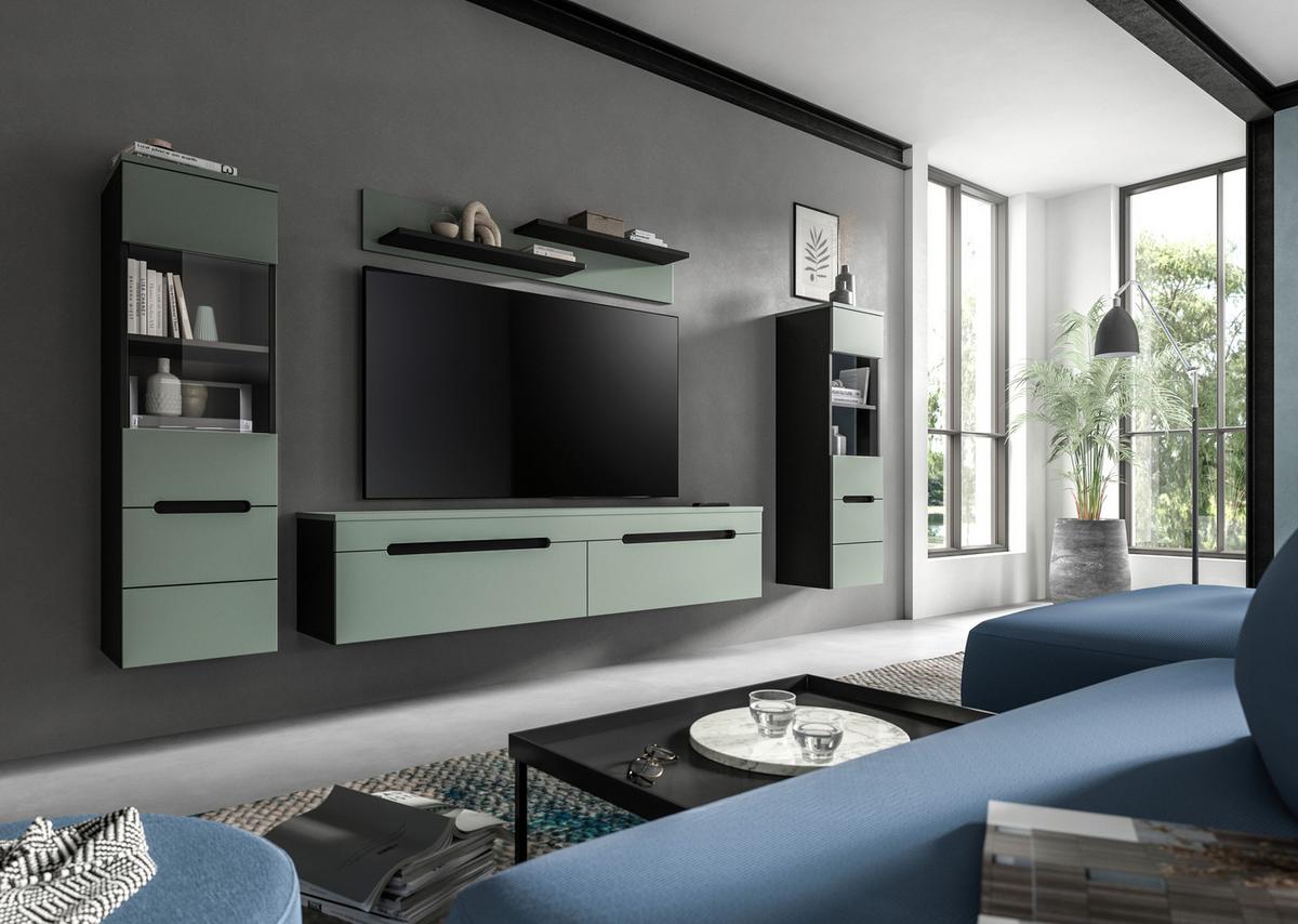 WOHNWAND Canu Graugrün B: 272cm - Schwarz/Graugrün, Design, Holzwerkstoff (272/141/33cm) - Livetastic