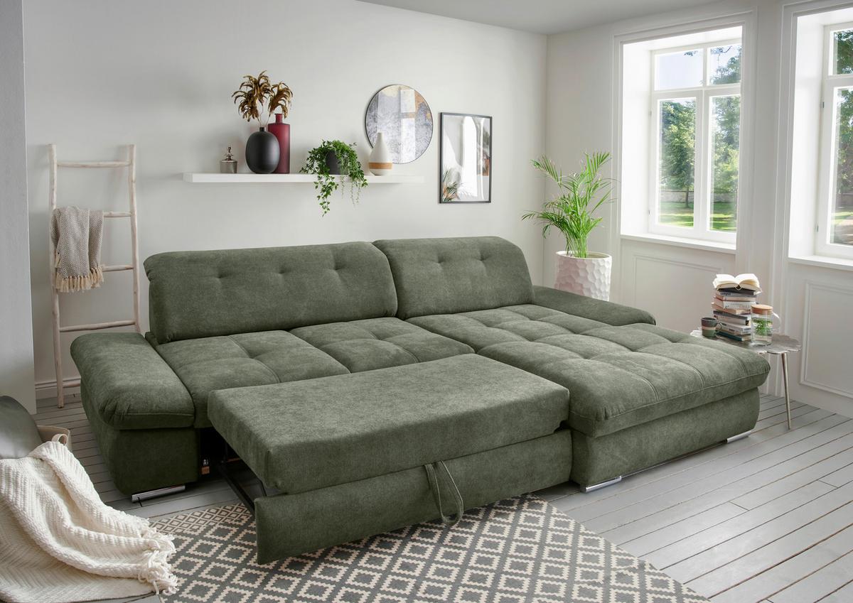 Ecksofa Dalida Dunkelgrün S: 300x196cm - Chromfarben/Dunkelgrün, MODERN, Textil (300/196cm) - Livetastic