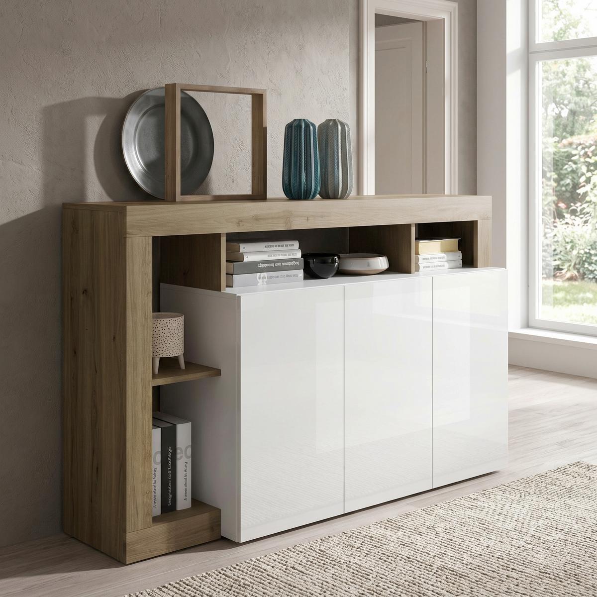 Sideboard Hamburg Eiche Dekor, Weiß HG B: 146cm - Weiß Hochglanz/Eichefarben, MODERN, Holzwerkstoff (146/93/42cm)