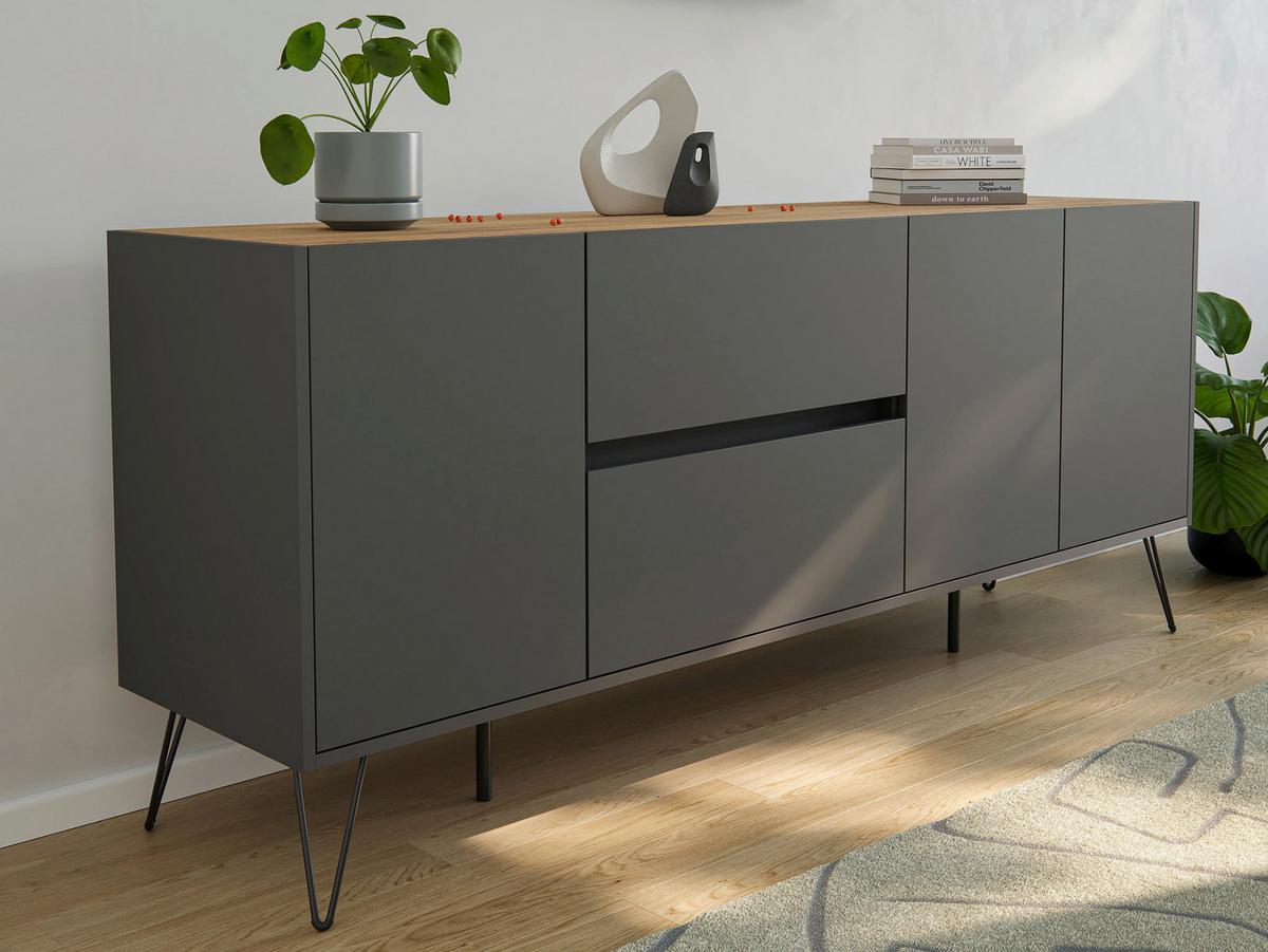 Sideboard Posseik Industrial Graphitfarben/Eiche B: 177 cm - Eichefarben/Schwarz, Design, Holzwerkstoff (177/75,8/42cm) - P & B