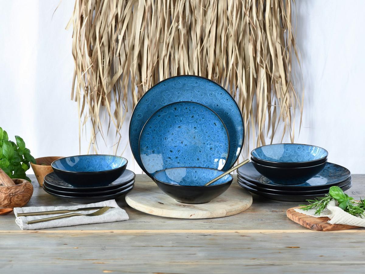 Tafelservice Capri Blau/Schwarz/Petrol 12--Teilig - Blau/Petrol, Basics, Keramik - Creatable