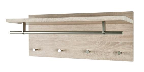 Garderobenpaneel Eichefarben Hutablage 4 Haken B: 75 cm - Edelstahlfarben/Eichefarben, Basics, Holzwerkstoff/Metall (75/30/25cm)