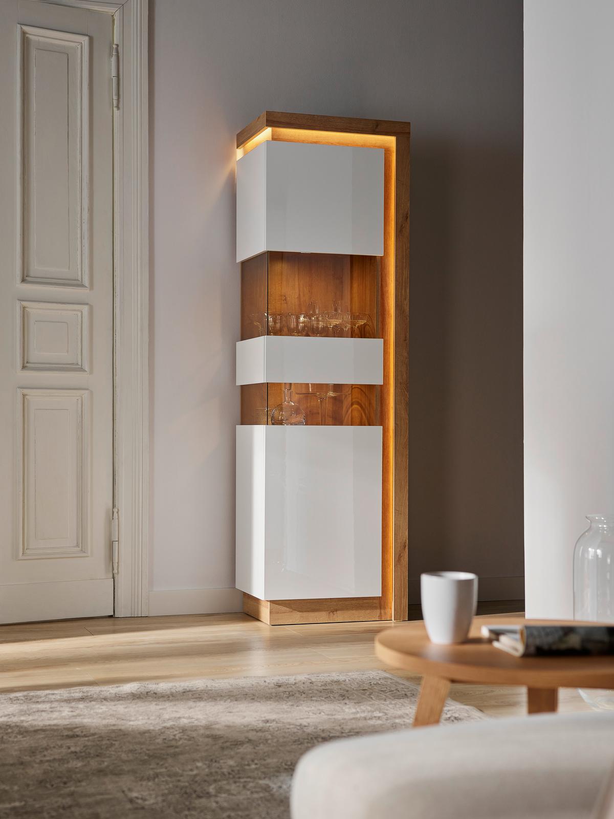 Vitrine Lyon Hell Weiß/Eichefarben B: 60 cm - Weiß Hochglanz/Eichefarben, Trend, Glas/Holzwerkstoff (59,7/198,1/42cm)