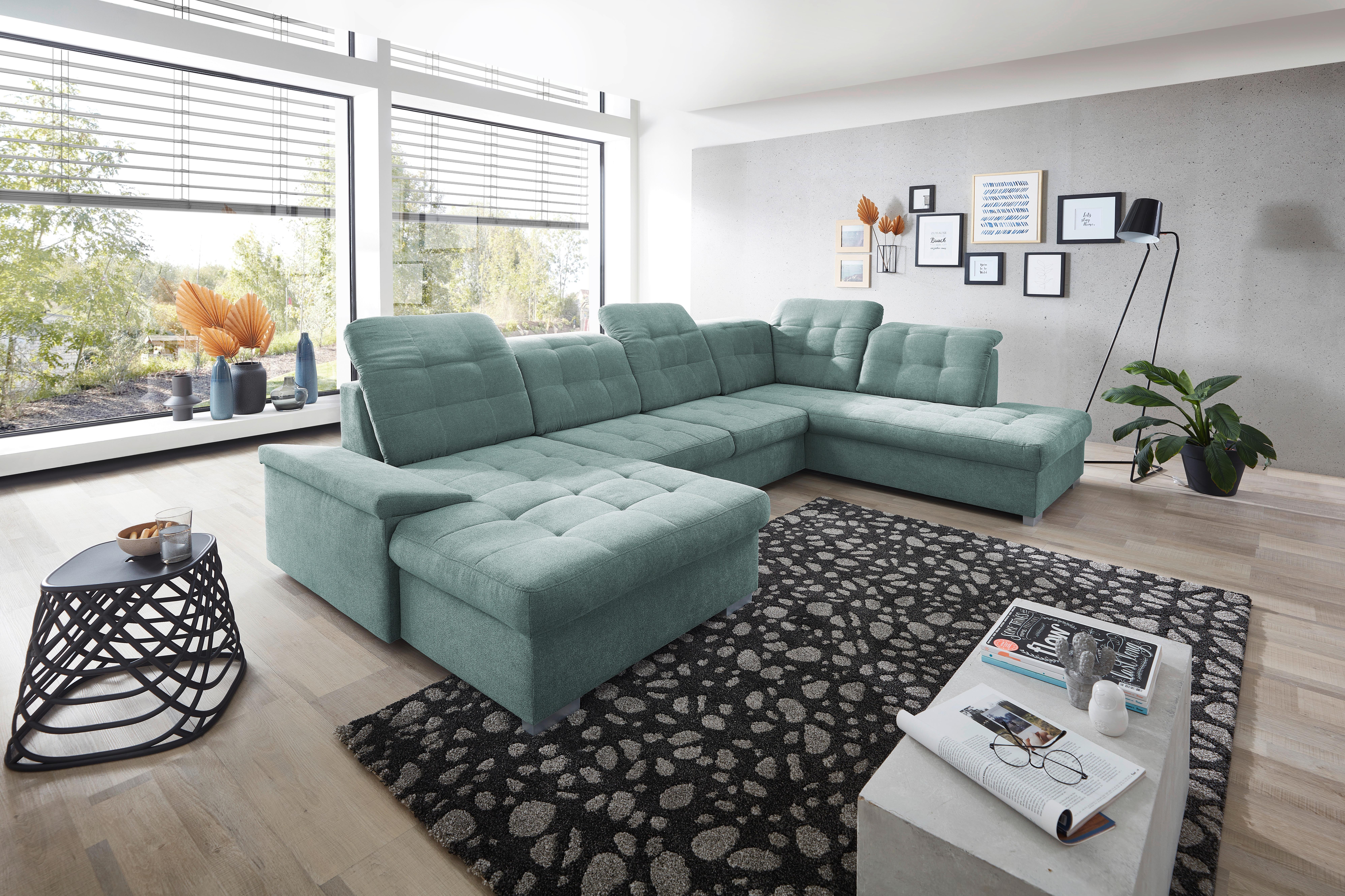 Wohnlandschaft Zira Mit Schlaffunktion Mintgrün - Chromfarben/Mintgrün, Design, Textil (169/330/212cm) - Livetastic