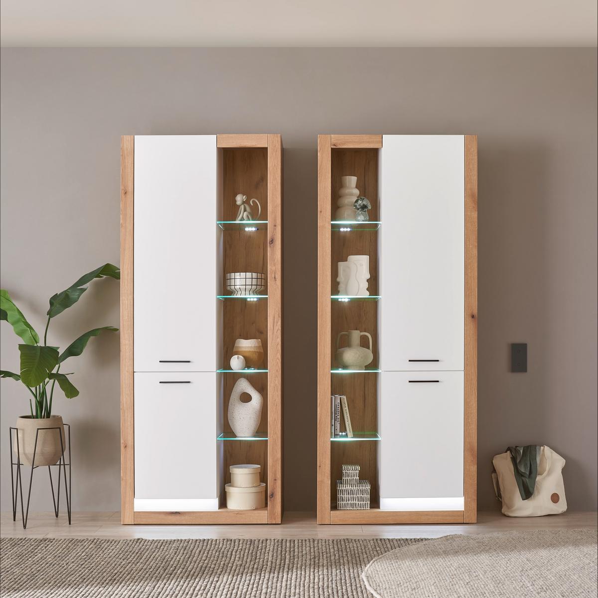 Wohnwand Brixen Weiß/Eichefarben B: 180cm - Eichefarben/Weiß, Design, Glas/Holzwerkstoff (180/195/37cm) - MID.YOU