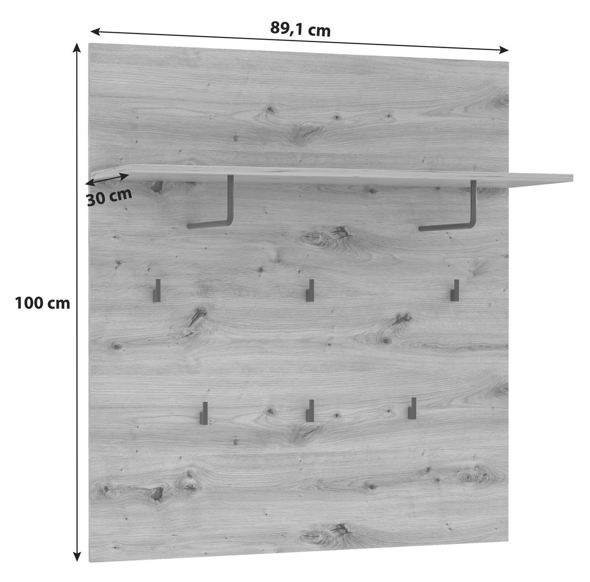 Garderobenpaneel Trondheim Hutablage 6 Haken B: 89,1 Cm - Eichefarben/Schwarz, Basics, Holzwerkstoff/Kunststoff (89,1/100/30cm) - Livetastic