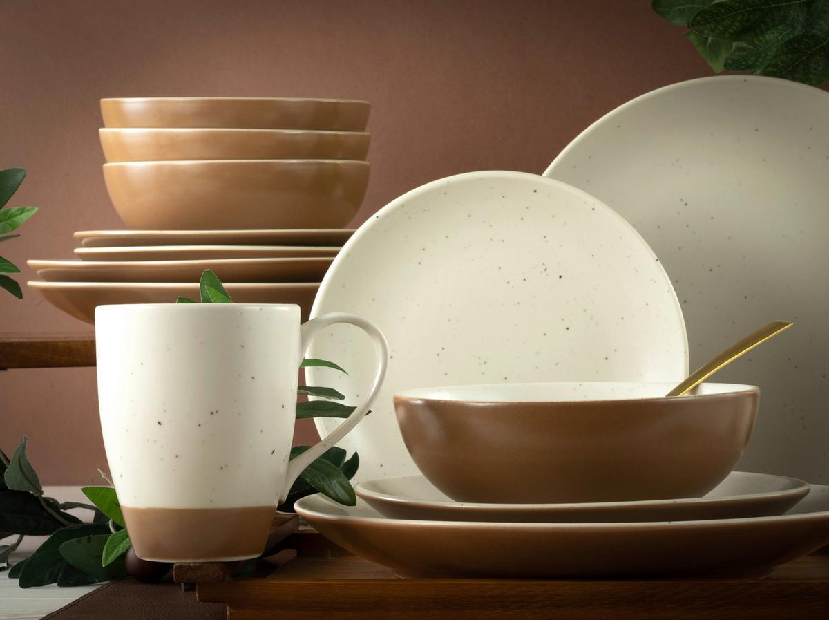Kombiservice Dunes Keramik 4 Personen Geschirr Set - Terracotta/Weiß, Trend, Keramik (34/32/33cm) - Creatable