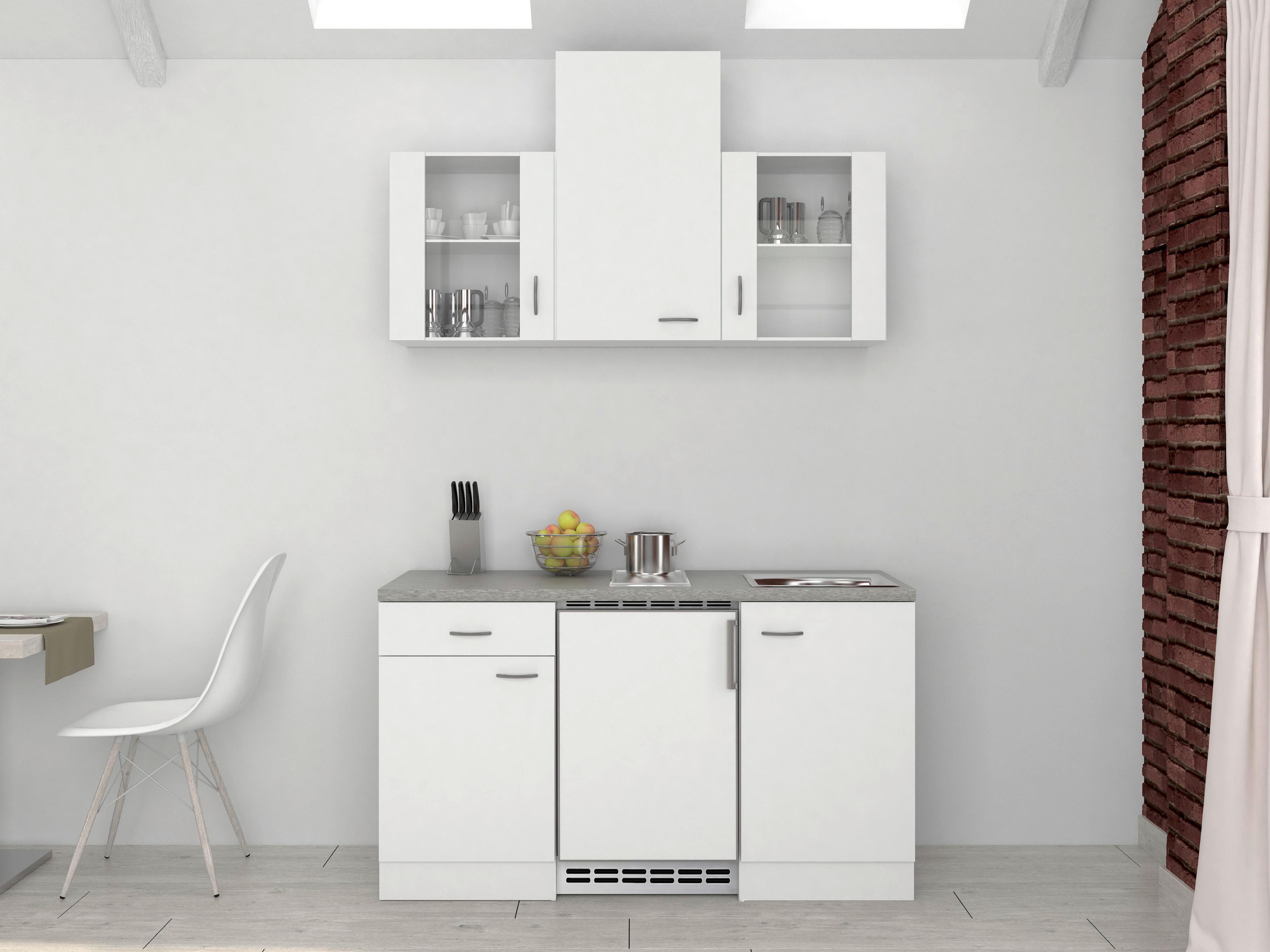 Miniküche mit Kühlschrank + Kochfeld 150cm Weiß/Grau Dekor - Weiß/Grau, MODERN, Glas/Holzwerkstoff (150cm) - FlexWell