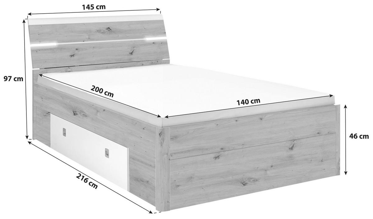 Bett Inkl. Laden + Led 140x200 Mars, Eiche Dekor - Eichefarben/Eiche San Remo, MODERN, Holzwerkstoff (140/200cm) - MID.YOU