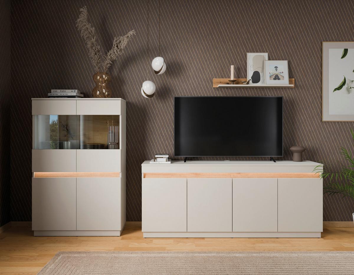 Highboard Samu Kaschmir/Eichefarben B: 90,2cm - Kaschmir, MODERN, Glas/Holzwerkstoff (90,2/140/35cm)