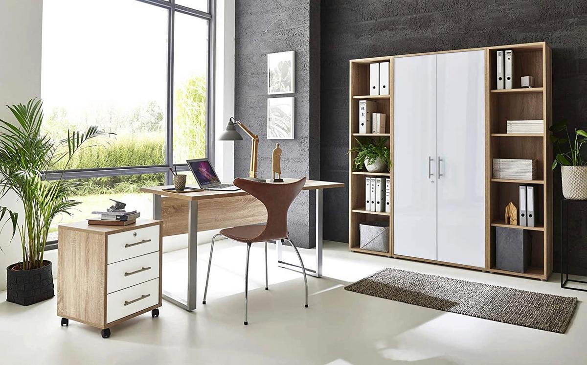 Büro Office Edition Eiche Dekor/weiß Hochglanz - Weiß Hochglanz/Sonoma Eiche, MODERN, Holzwerkstoff/Metall - MID.YOU