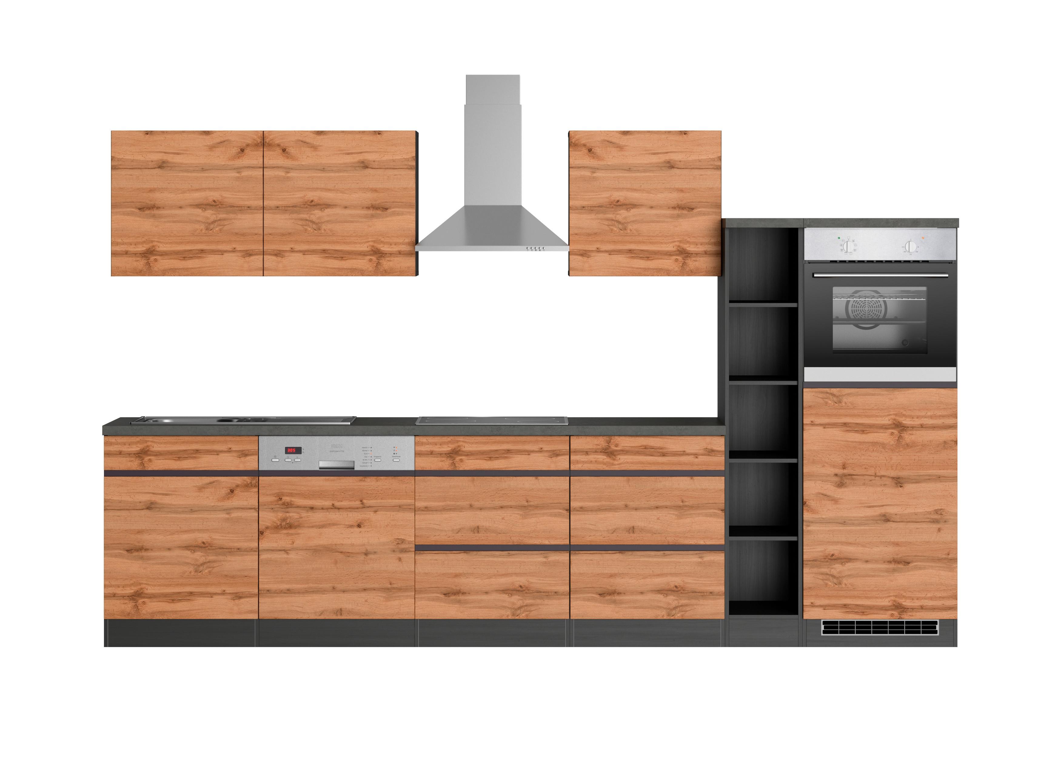 Küchenzeile Turin mit Geräten B: 330 cm Graphit/Eiche Dekor - Eiche Wotan/Graphitfarben, Design, Holzwerkstoff (330cm) - Held
