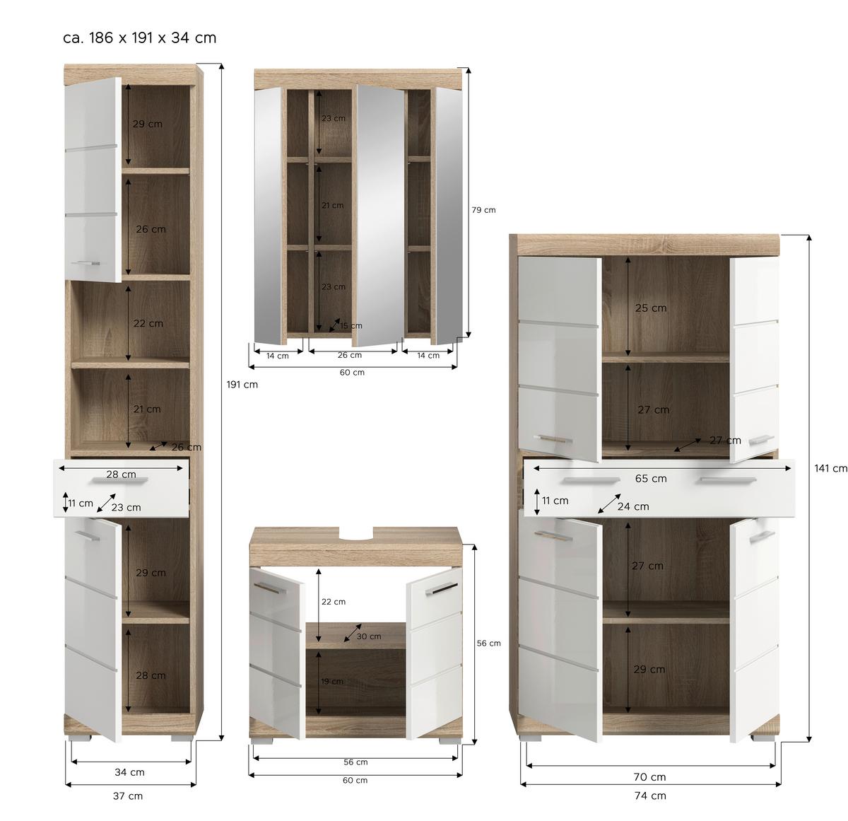 Badezimmer Lambada Eiche Dekor/Weiß B: 171 cm - Weiß Hochglanz/Silberfarben, MODERN, Glas/Holzwerkstoff (171cm) - MID.YOU