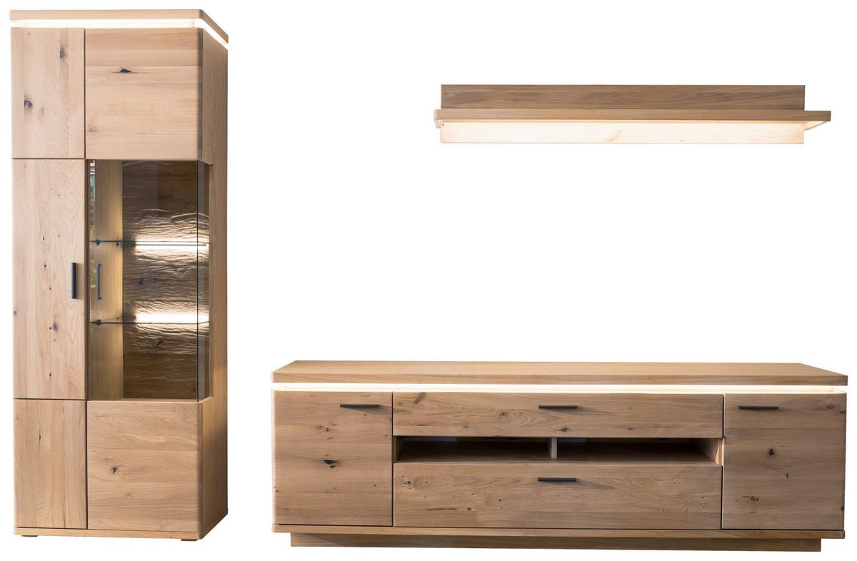 Wohnkombination teilmassiv 3--teilig. Barcelona Eichefarben - Eichefarben, Design, Glas/Holz (300/204/50cm) - Livetastic