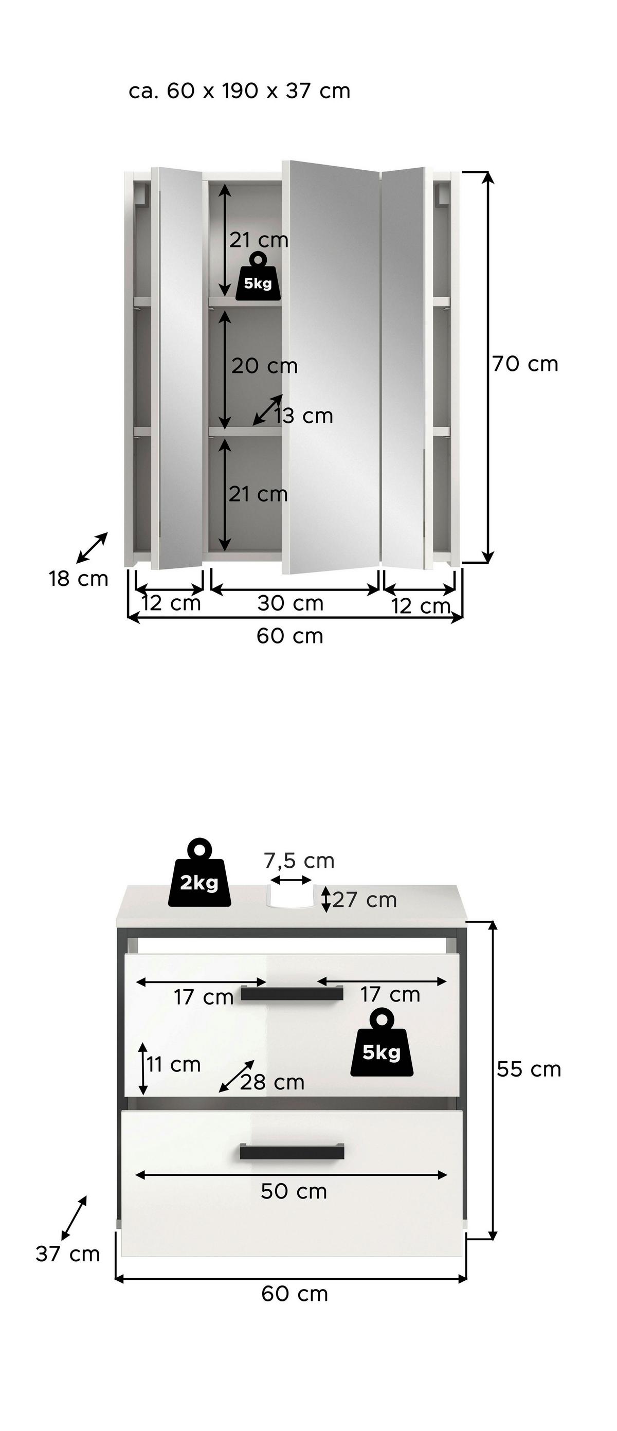 Badezimmer Kojak Schwarz/weiß K: 60 Cm - Weiß Hochglanz/Schwarz, MODERN, Holzwerkstoff (60cm) - MID.YOU