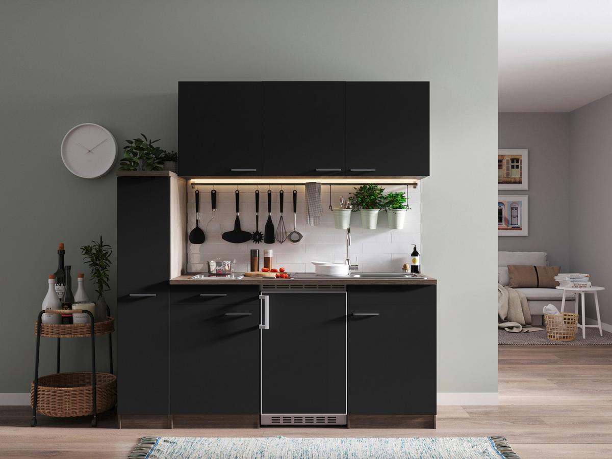 Küchenblock Oliver Singleküche 180 cm - Eichefarben/Schwarz, Basics, Holzwerkstoff (180cm) - Respekta