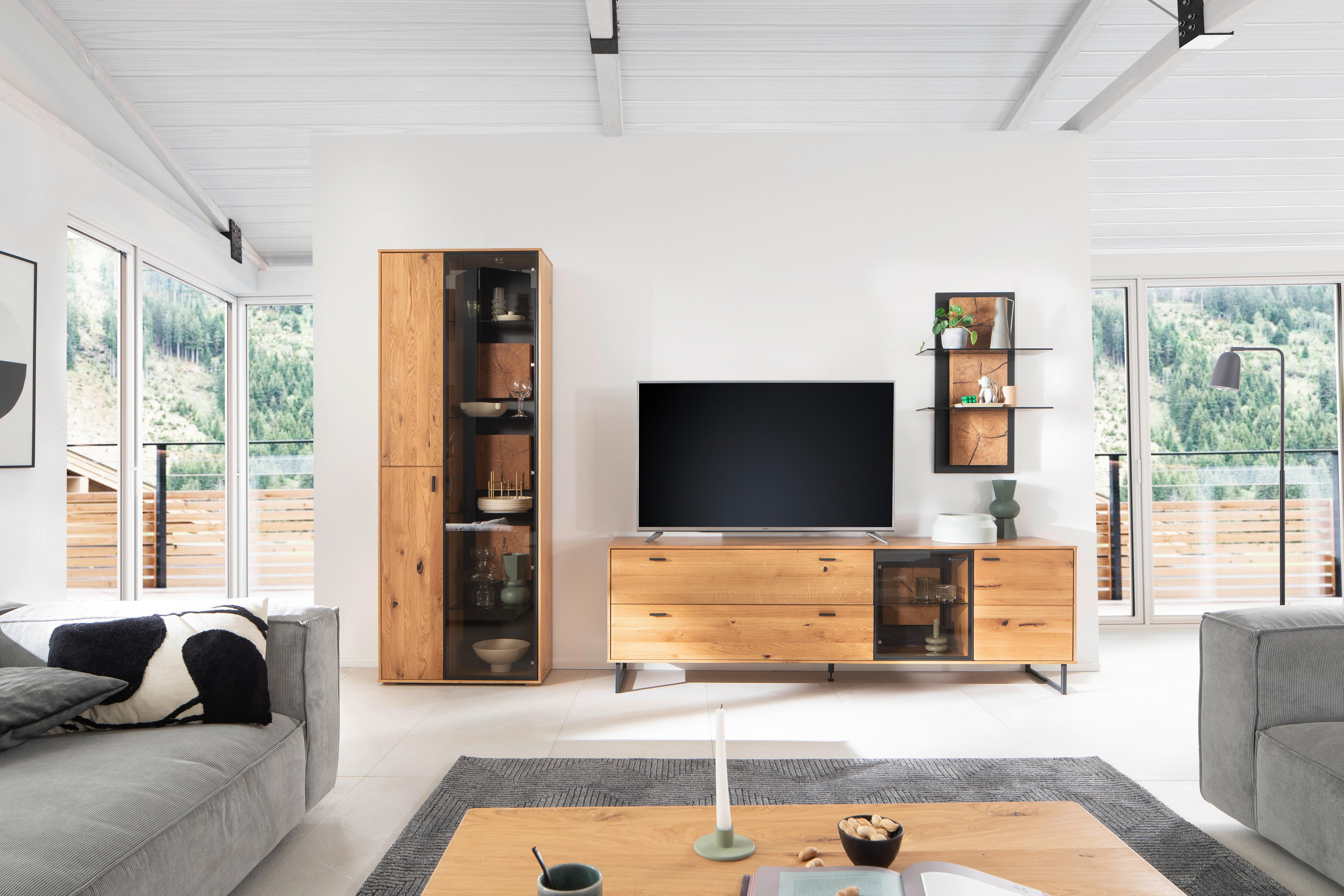 Wandregal Assini Wildeiche B: 60 cm - Wildeiche/Anthrazit, Design, Glas/Holz (60/91/26cm) - MID.YOU