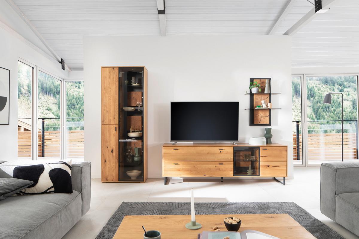 Wohnwand Assini Wildeiche B: 306 cm - Wildeiche/Schwarz, Design, Glas/Holz (306/206/50cm) - MID.YOU