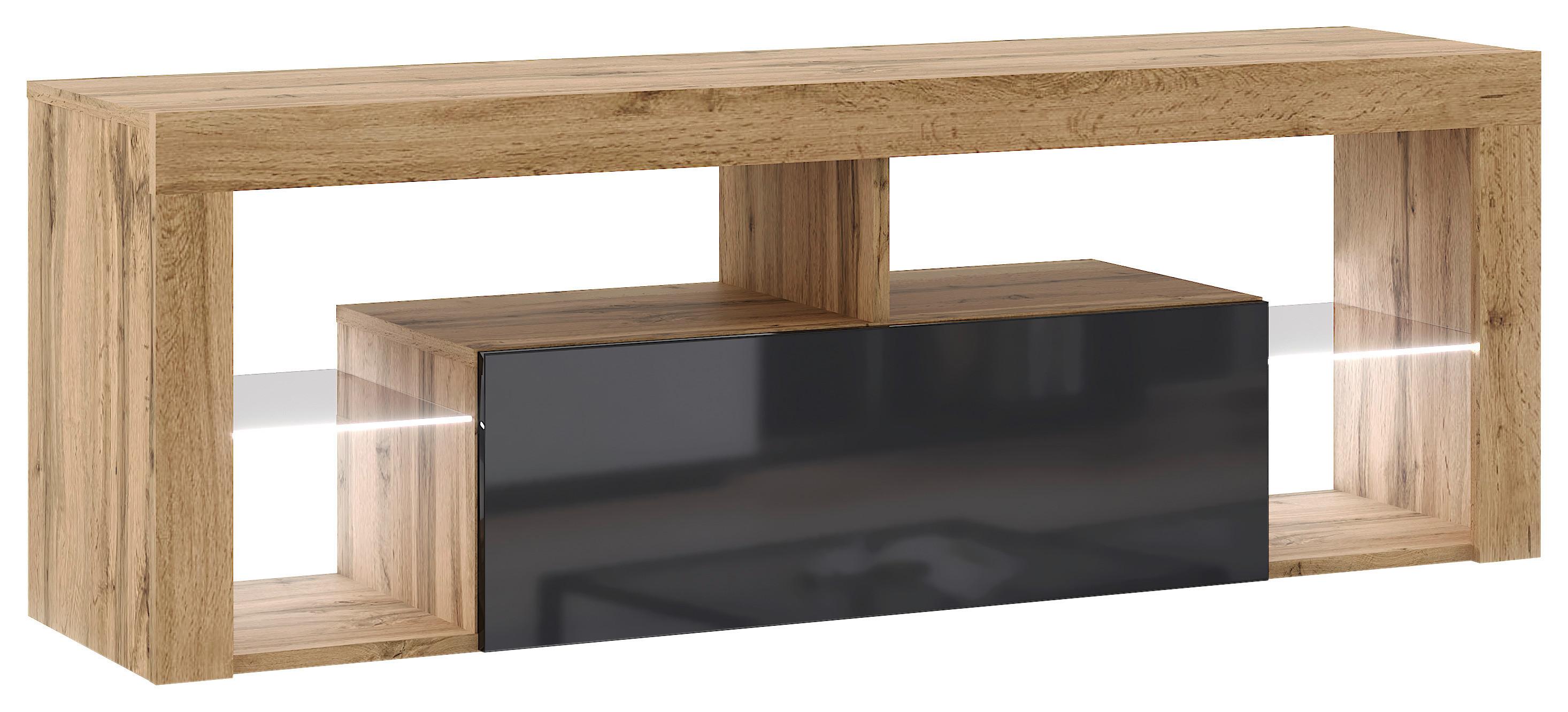 LOWBOARD EVEREST 140 LED - Eiche Wotan/Schwarz, Design, Glas/Holzwerkstoff (140/50,5/35cm) - Livetastic