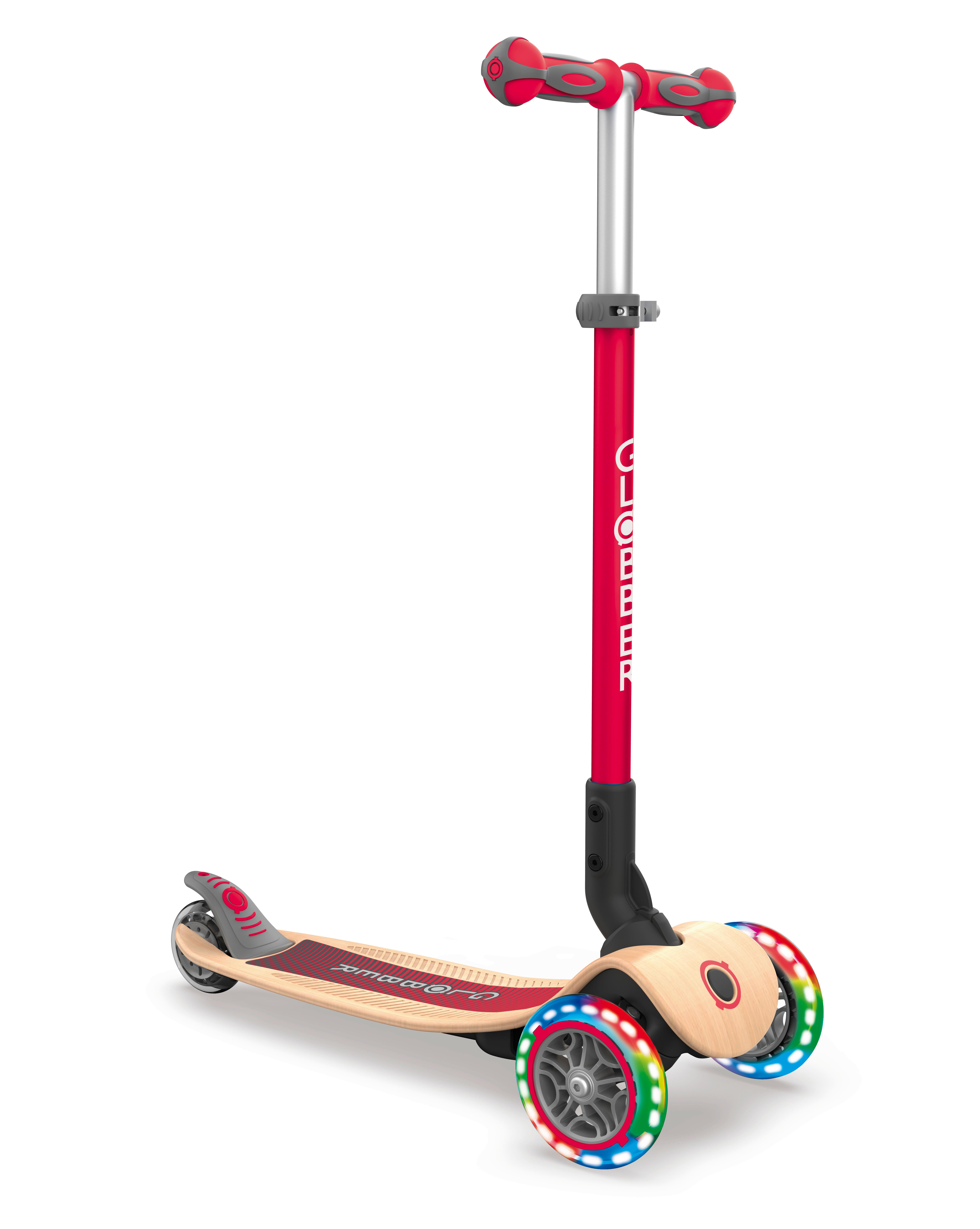 Kinder-Dreiradscooter Globber Primo, Rot, klappbar - Birkefarben/Rot, Basics, Holz/Kunststoff (56cm)