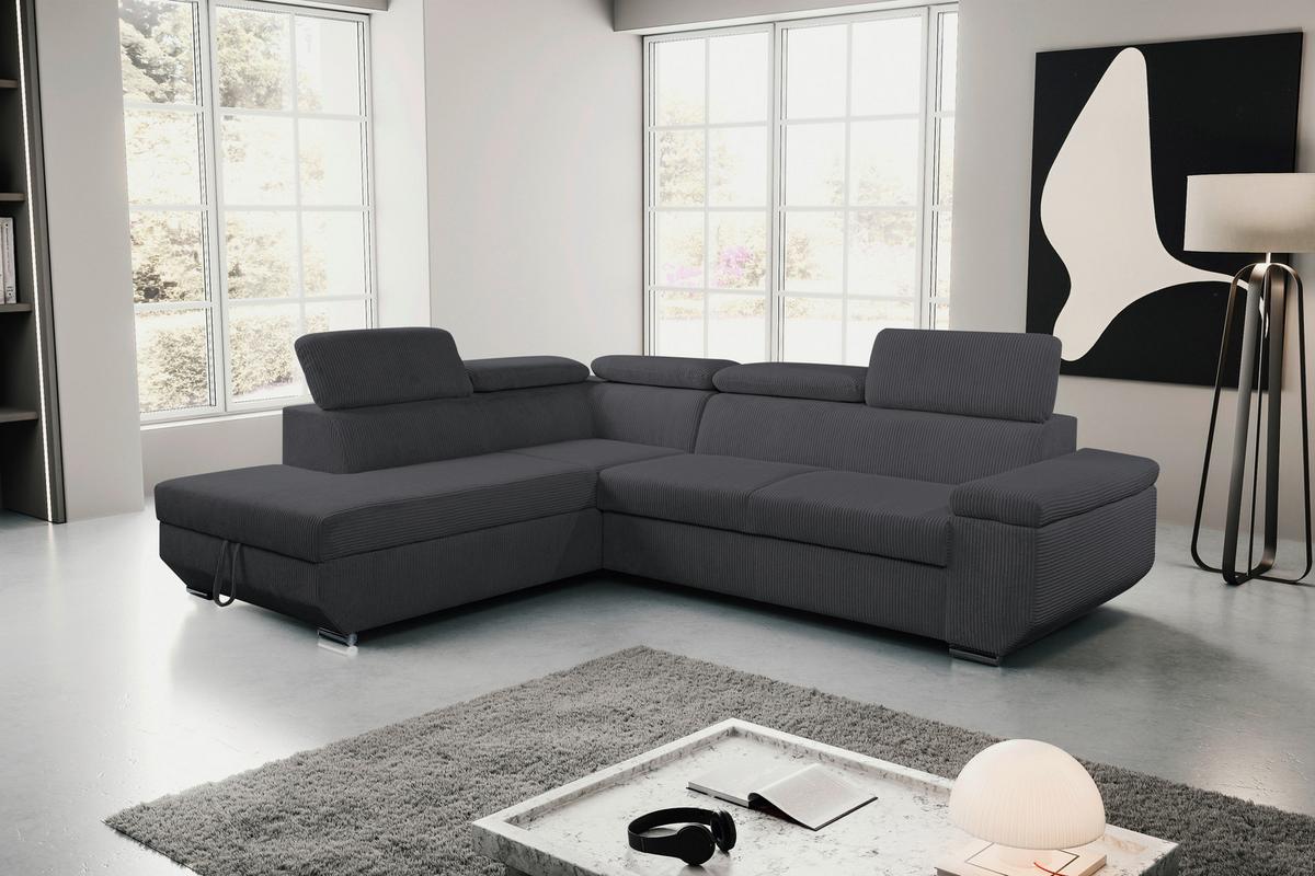 Ecksofa Lars I Cord Anthrazit, Lf: 123x193cm - Chromfarben/Anthrazit, Design, Textil (215/264cm) - Livetastic