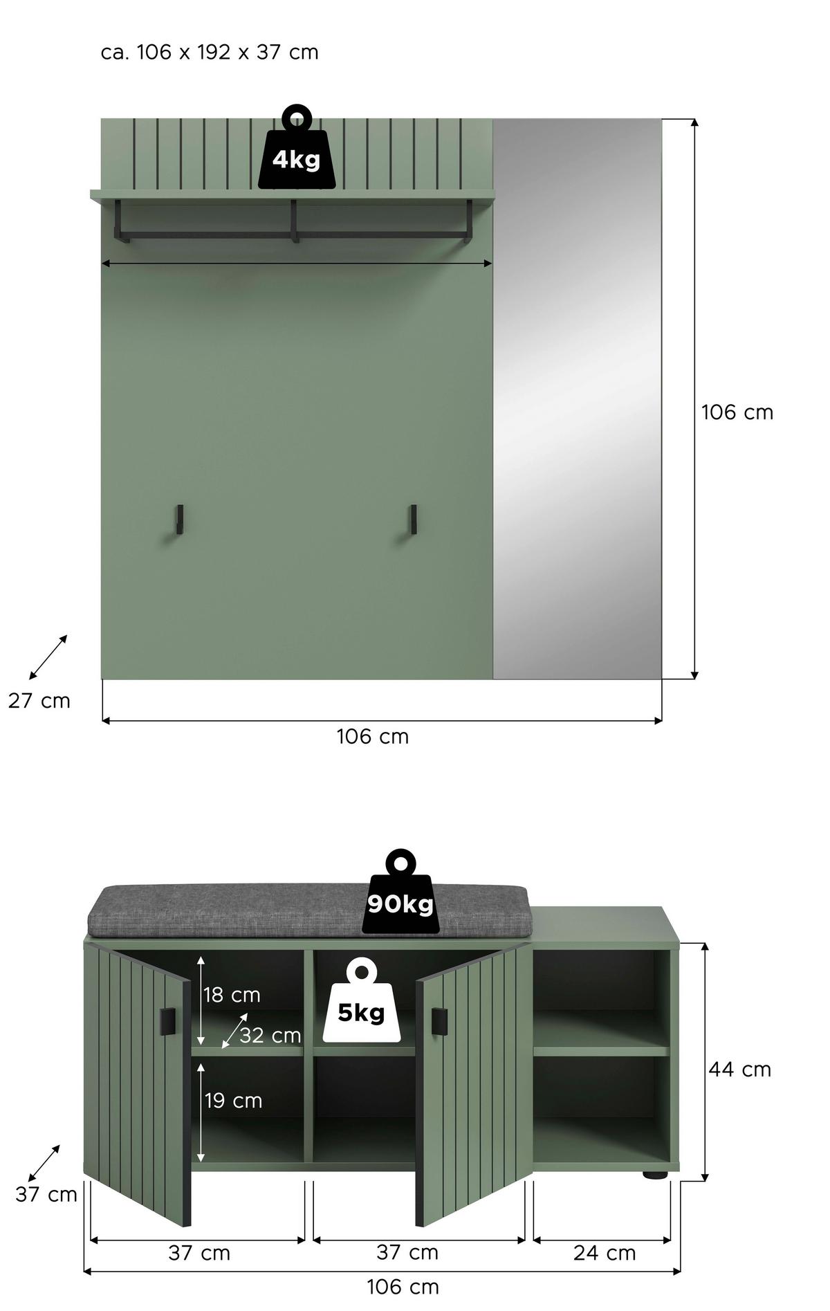 Garderobe Station Graugrün B: 106cm - Graugrün, Design, Holzwerkstoff (106/192/37cm) - MID.YOU