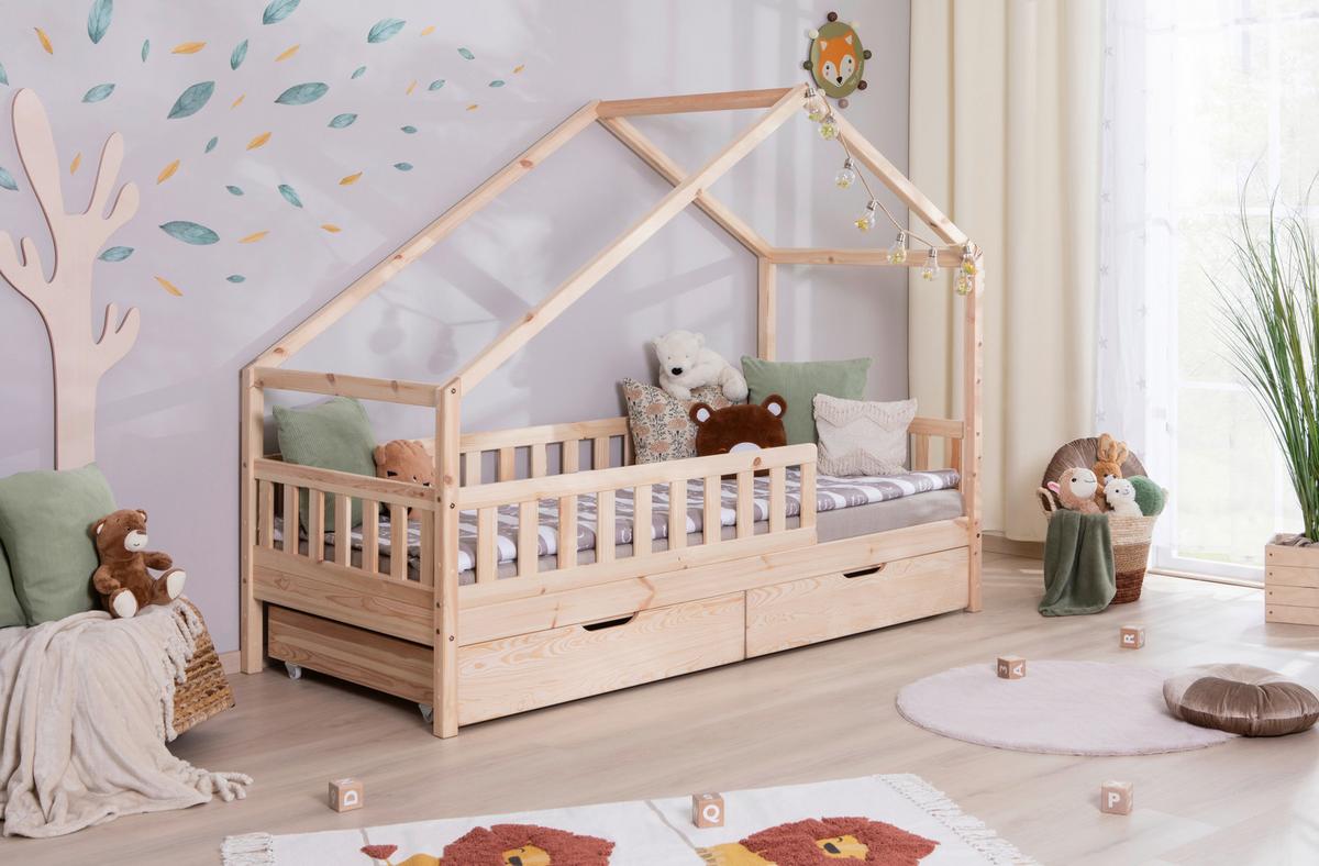 Hausbett Lou Bettschublade Naturfarben B: 100 Cm - Naturfarben/Weiß, MODERN, Holz/Textil (100/200cm) - MID.YOU