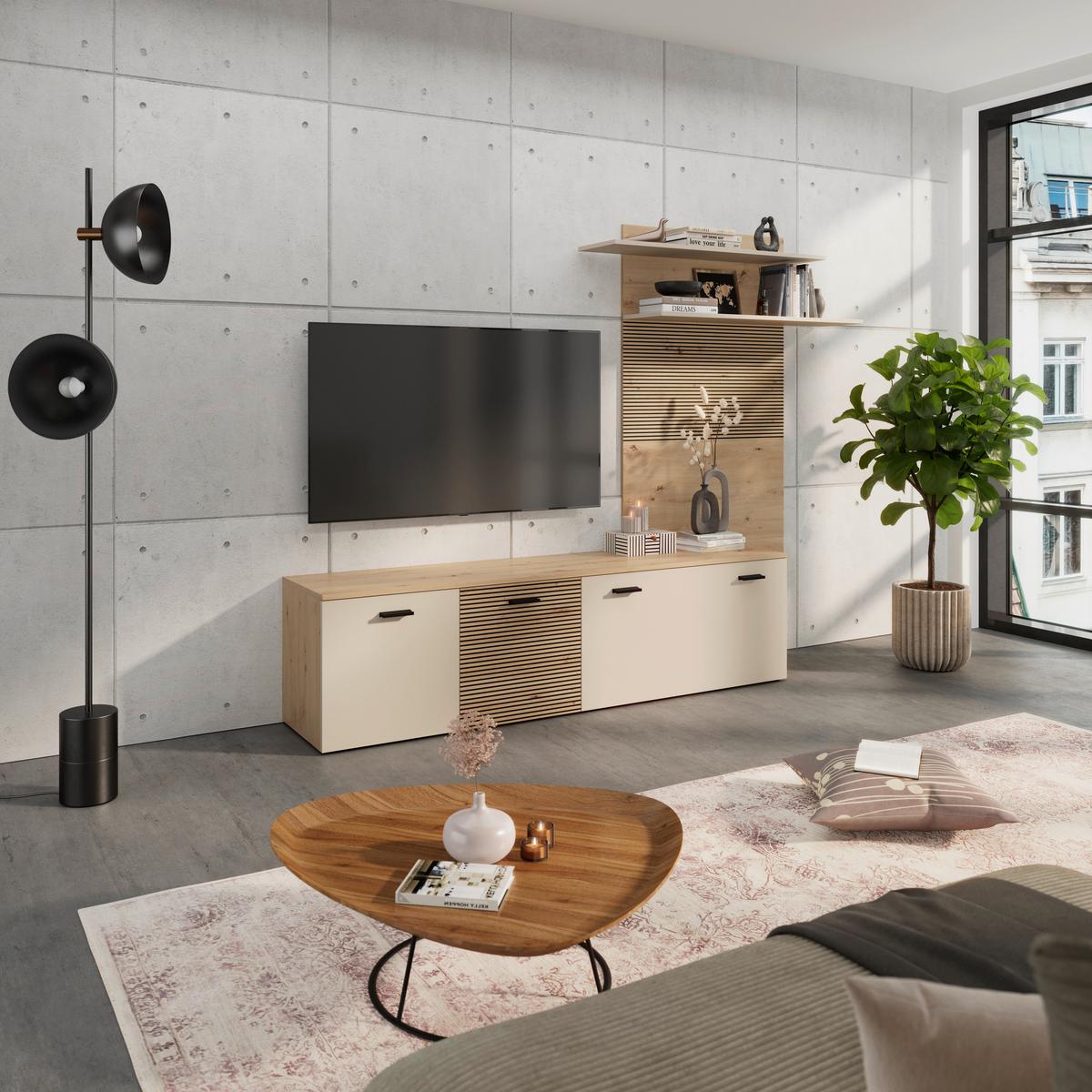 Wohnwand FREE Kaschmir/Eichefarben B: 212 cm - Kaschmir/Schwarz, MODERN, Holzwerkstoff (212/172/40cm)