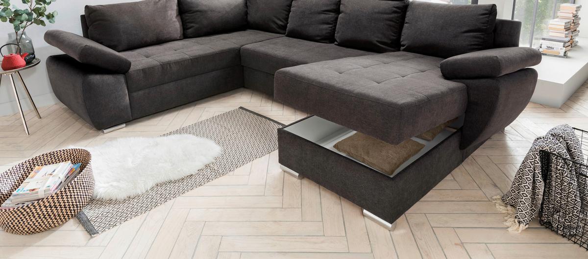 Wohnlandschaft Terana mit Schlaffunktion, Braun - Taupe/Chromfarben, KONVENTIONELL, Textil (219/305/157cm) - P & B