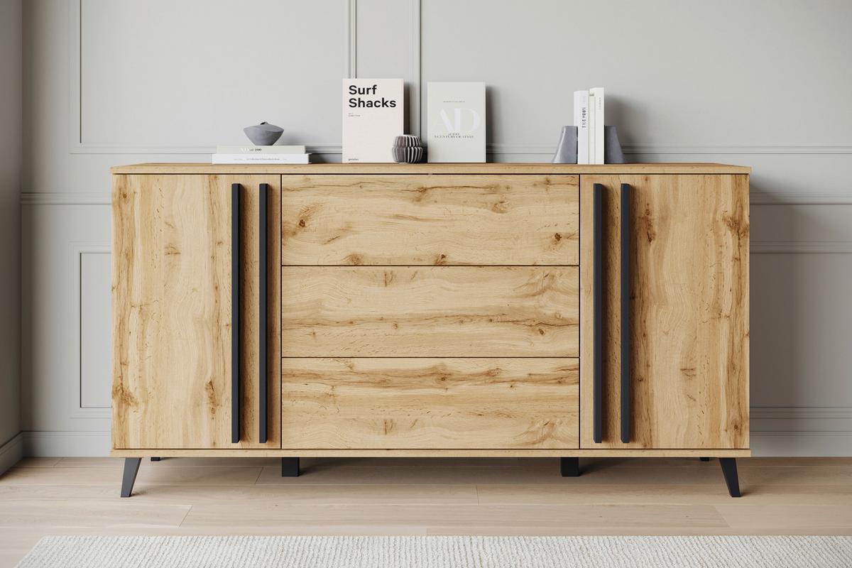 Sideboard Helsinki Eiche Wotan Dekor B: 150cm - Eiche Wotan/Schwarz, Trend, Holzwerkstoff (150/77,8/39,5cm) - P & B