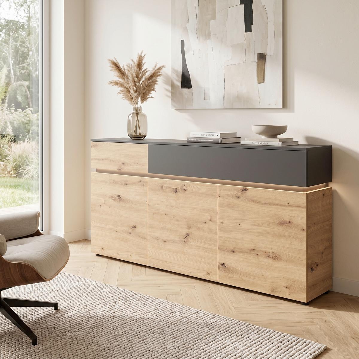 Sideboard Luci Grau Eiche Artisan/Grau B: 180,5 cm - Eichefarben/Anthrazit, Trend, Holzwerkstoff (180,5/90,1/40cm) - MID.YOU