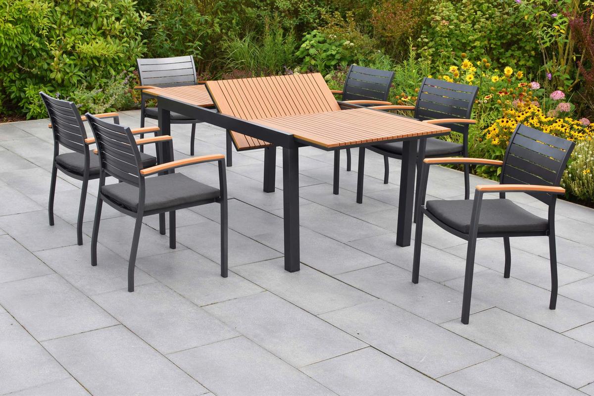 Gartentischgruppe 7tlg. inkl. Sitzkissen - Graphitfarben/Naturfarben, KONVENTIONELL, Kunststoff/Textil - Gardenson