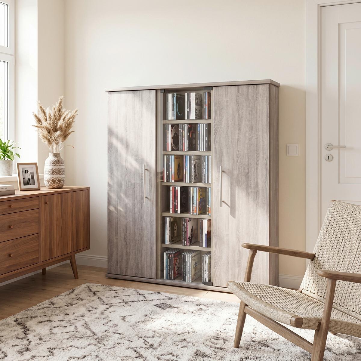 CD Regal mit Türen Santo 86 cm Sonoma Eiche Dekor, Glas - Eichefarben, KONVENTIONELL, Glas/Holzwerkstoff (86/91,5/18cm) - MID.YOU