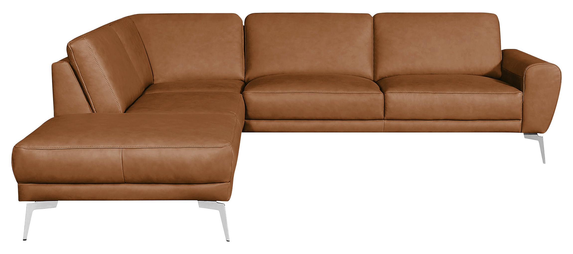 Ecksofa Spring Cognac Chrom, S: 250x273 cm - Chromfarben/Cognac, Design, Leder (250/273cm) - Livetastic