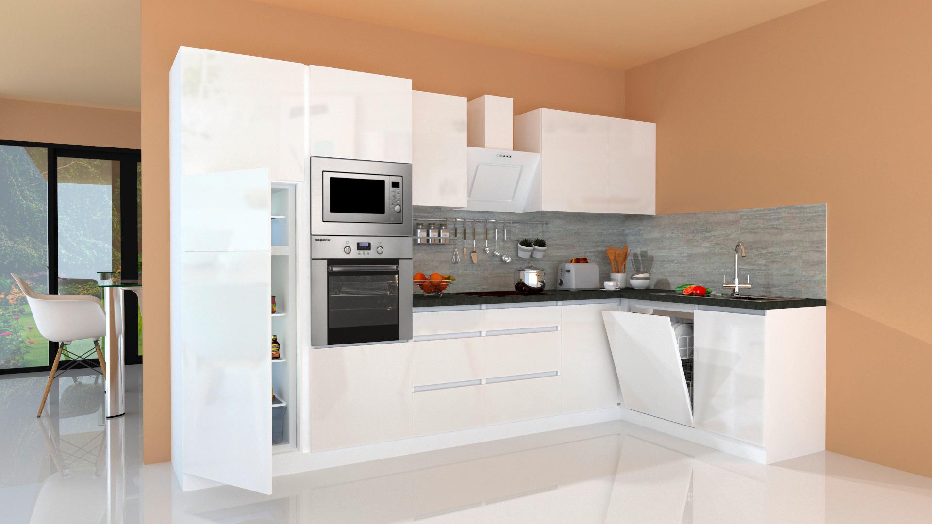 Küchenzeile Premium mit Geräten B: 345x172 cm Weiß Hochglanz - Weiß/Grau, MODERN, Holzwerkstoff (345/172cm) - Respekta