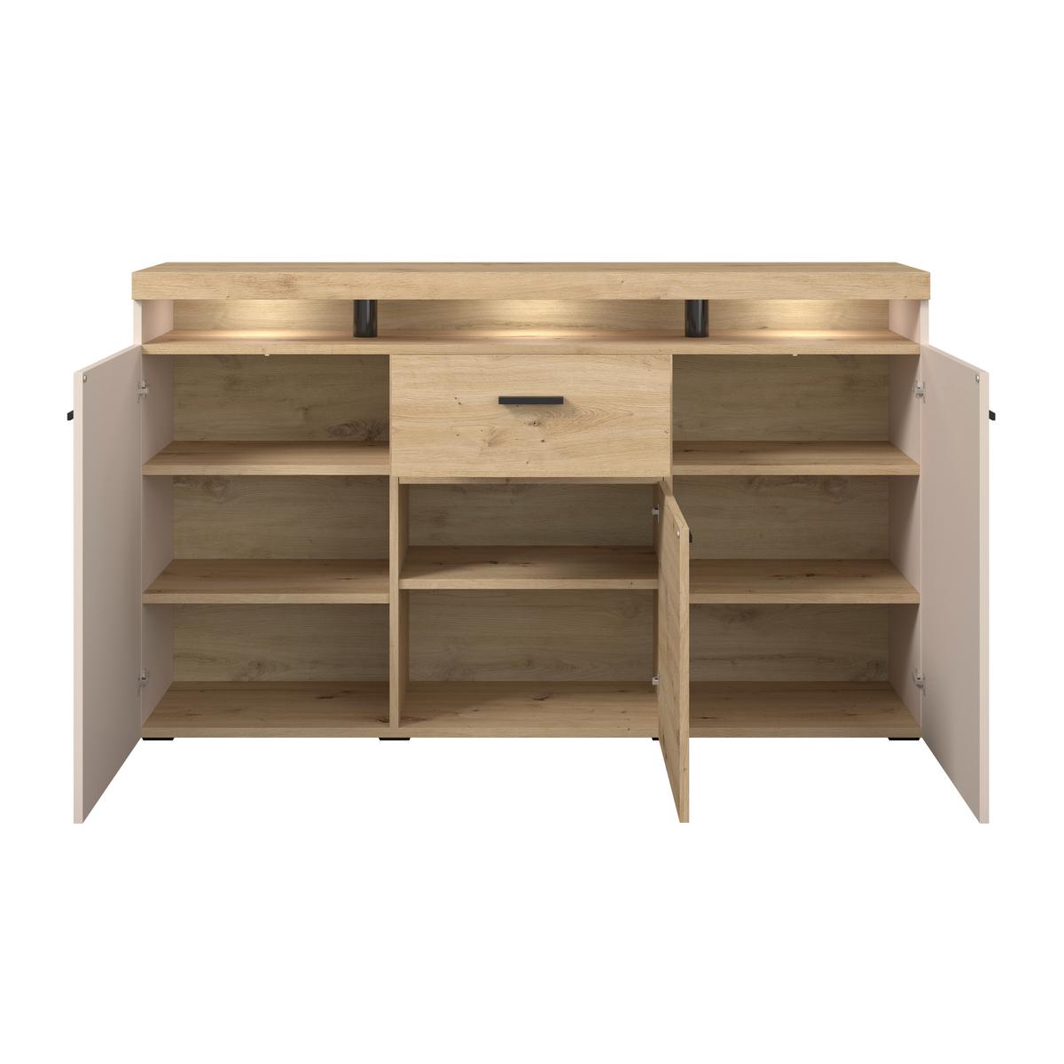 Sideboard Strada Giga Eiche Artisan/Kashmir, B:151cm - Kaschmir/Schwarz, Trend, Glas/Holzwerkstoff (151/89/37cm)