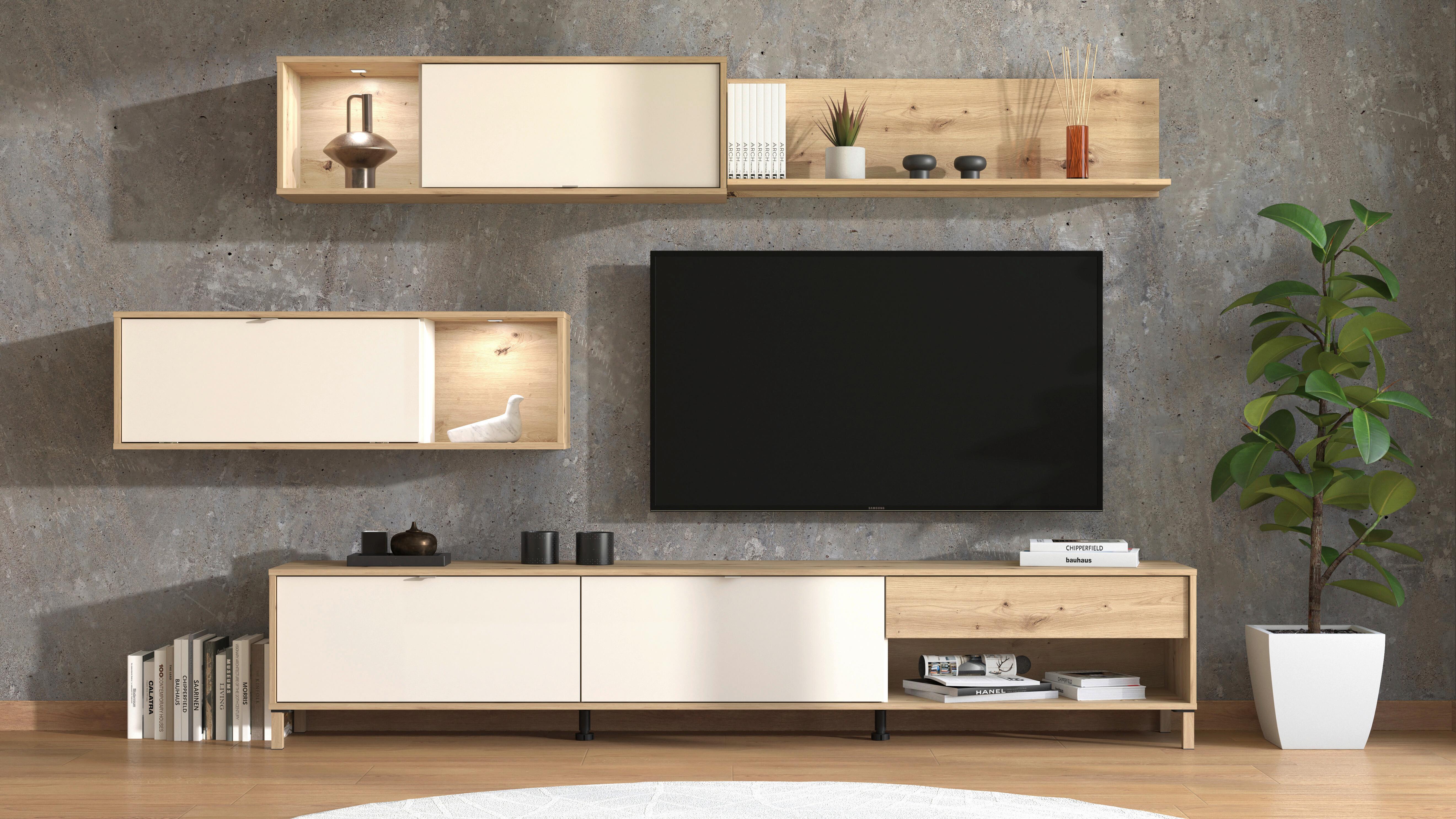 Obývací stěna Norwich 1, š: 234 cm - kašmírová/dub artisan, Moderní, kov/kompozitní dřevo (234/196/40cm) - Mömax
