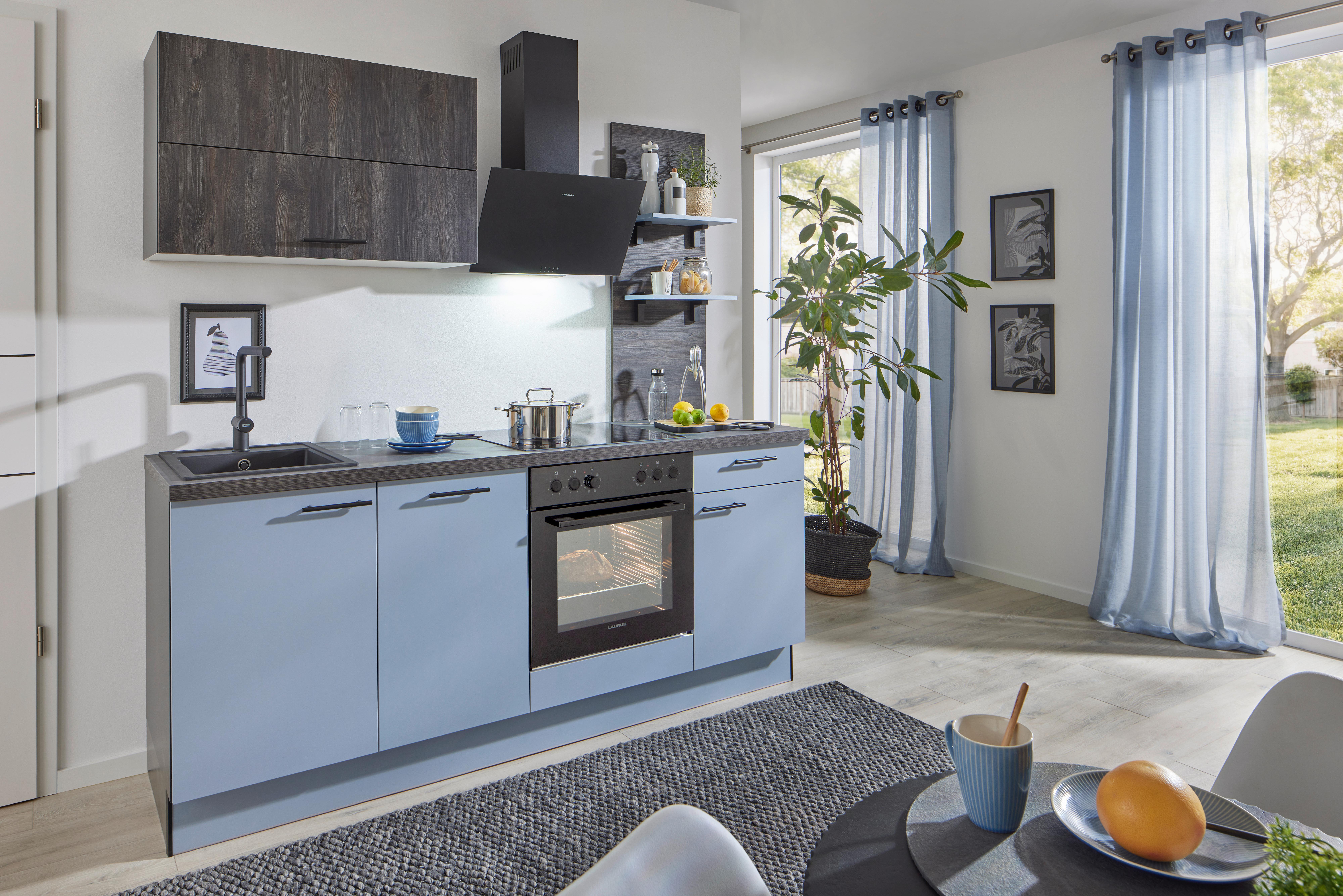 Küchenblock Pn105 / Pn100 - Eiche dunkel/Pastellblau, Basics, Holzwerkstoff (205cm) - Pino