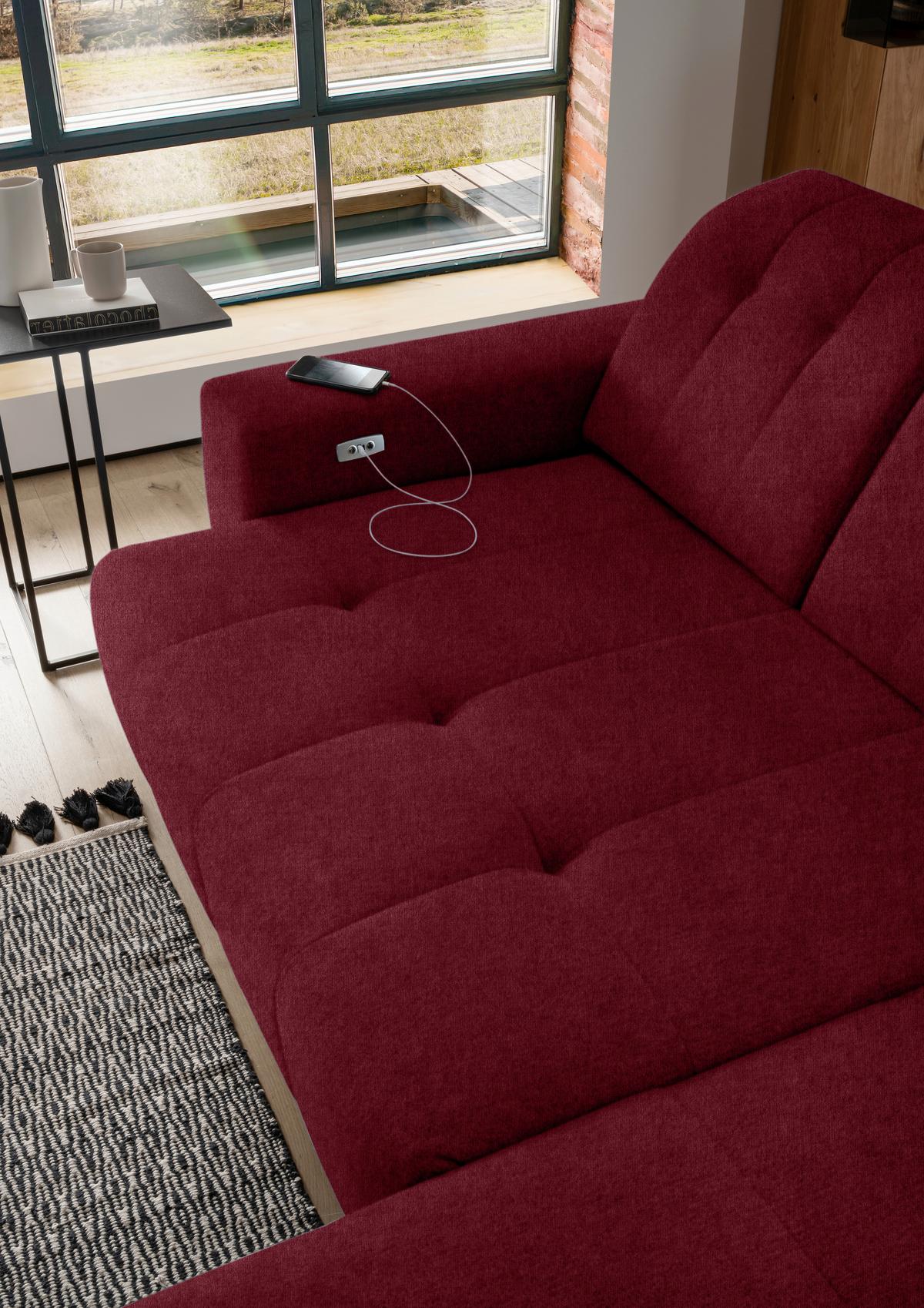 Ecksofa Mit Usb Anschluss Sano, Bordeaux, S: 261x200 Cm - Bordeaux/Schwarz, MODERN, Textil (261/200cm) - Livetastic