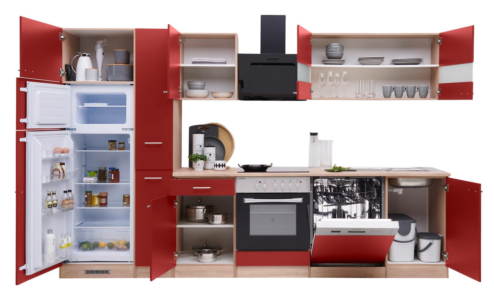 Küchenzeile Economy mit Geräten 310 cm Rot/Eiche Dekor Modern - Eichefarben/Rot, Basics, Holzwerkstoff (310cm) - Respekta