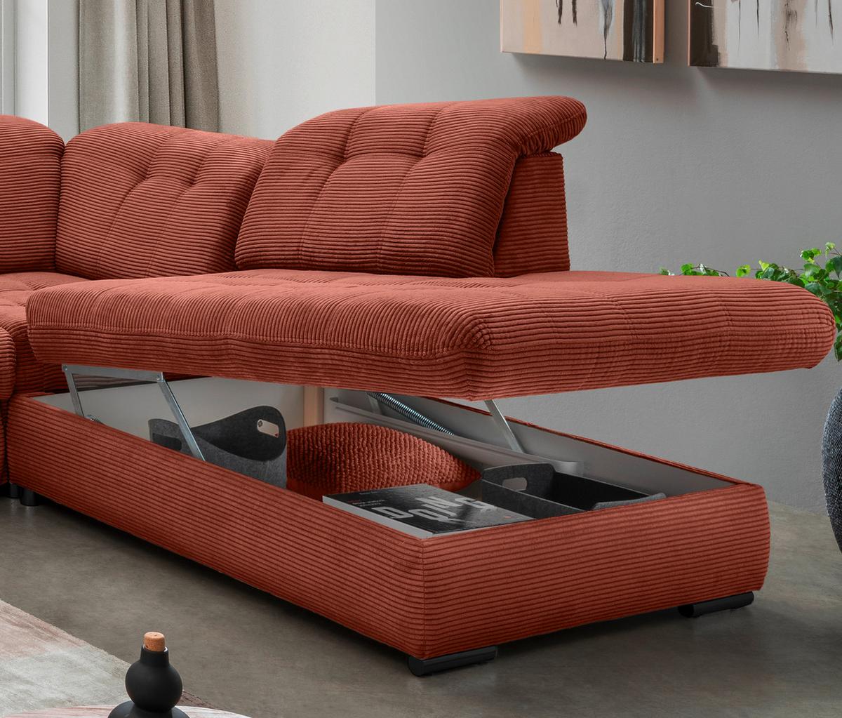 Wohnlandschaft Mit Bettkasten Rigatti Koralle B: 387 Cm - Koralle/Schwarz, MODERN, Textil (184/387/252cm) - Livetastic