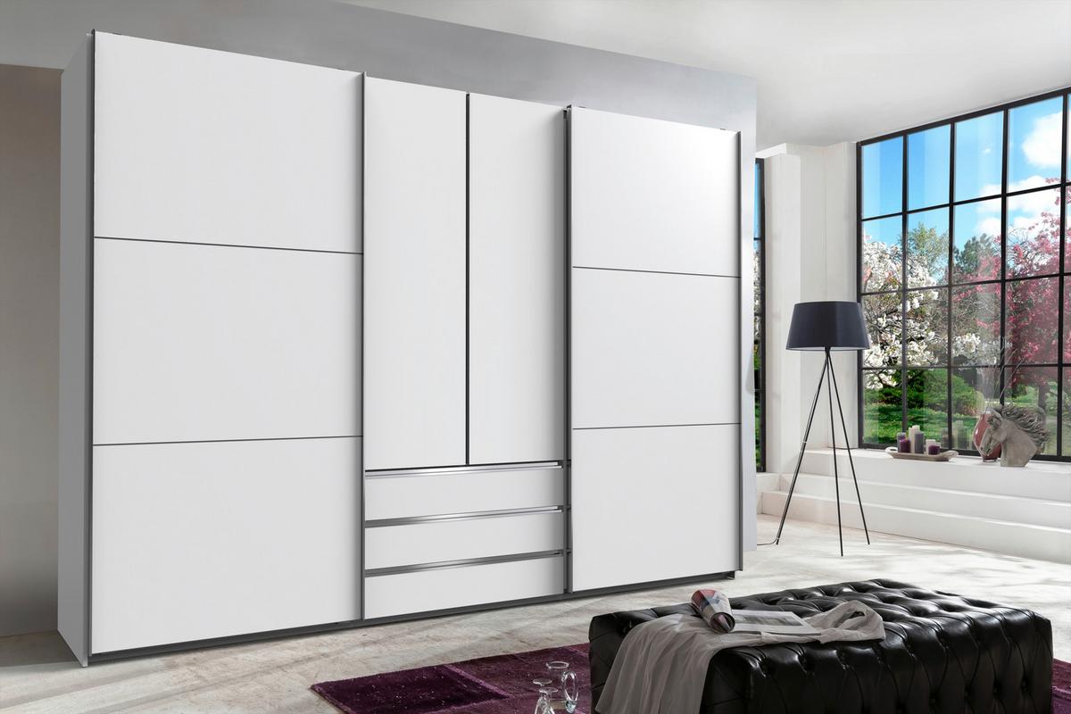 Moderner Kleiderschrank in Weiß mit zwei Schwebetüren, zwei Drehtüren und viel Stauraum