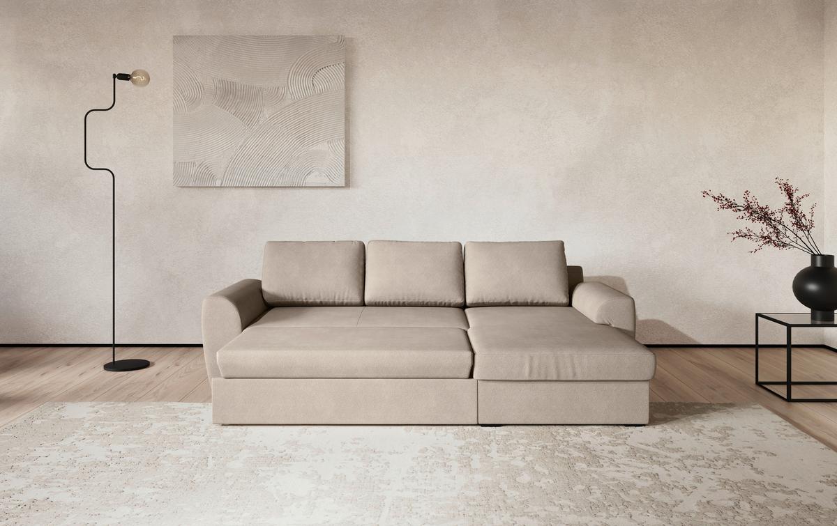 Ecksofa mit Bettfunktion Mikrofaser natur, B: 253cm - Schwarz/Naturfarben, Trend, Textil (253/154cm) - MID.YOU