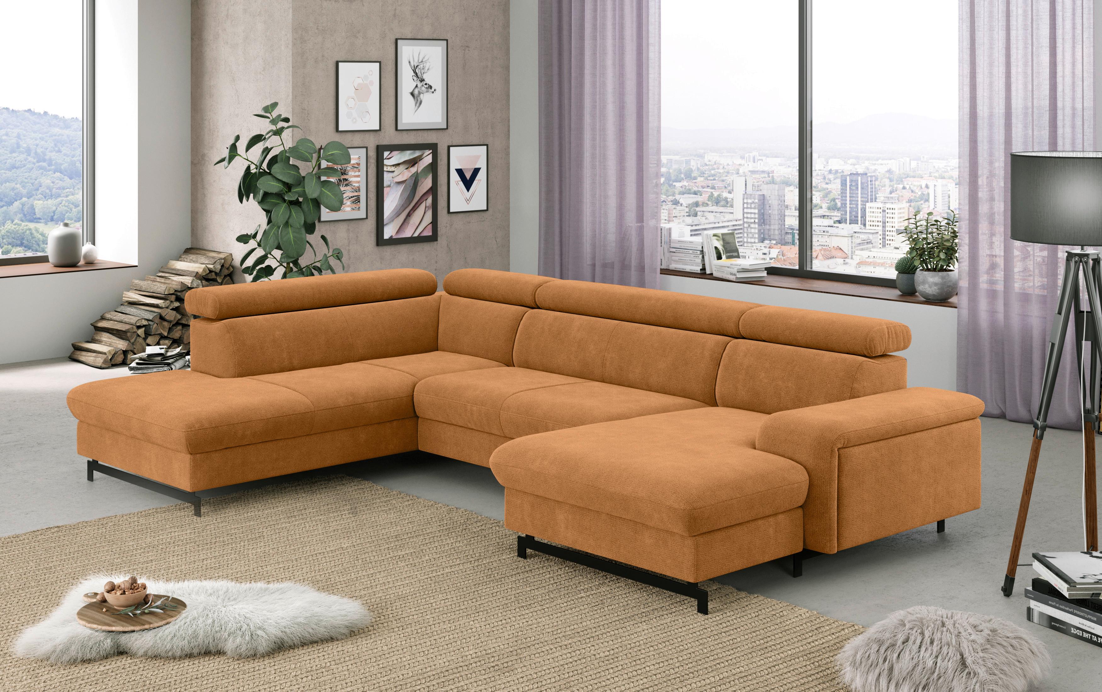 Wohnlandschaft mit Bettkasten Emma Cognac - Cognac/Schwarz, Textil (215/328/165cm) - MID.YOU