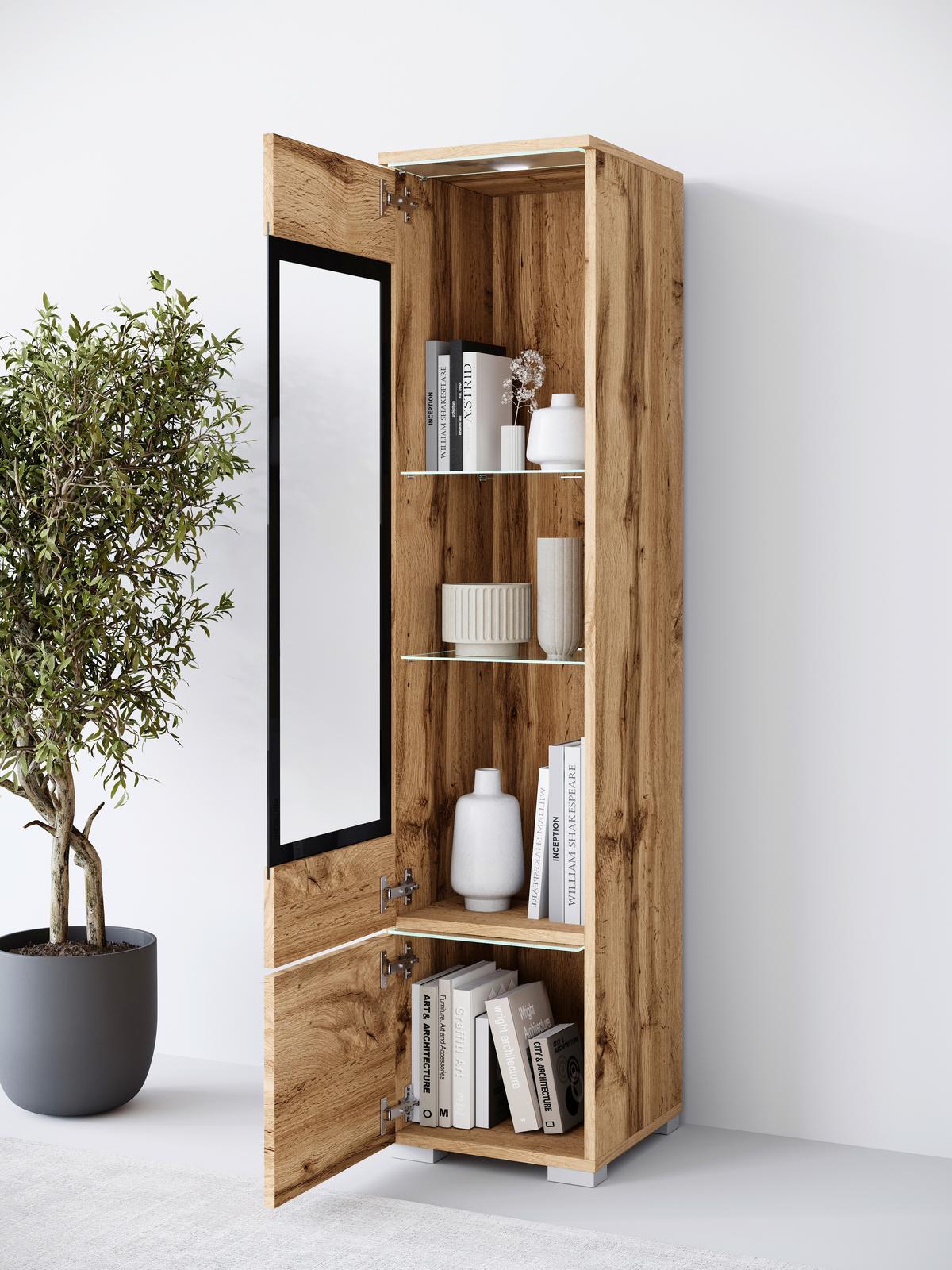 Vitrine Vera Eiche Wotan Dekor B: 30cm - Eiche Wotan/Grau, Design, Glas/Holzwerkstoff (30/130/33cm) - Livetastic