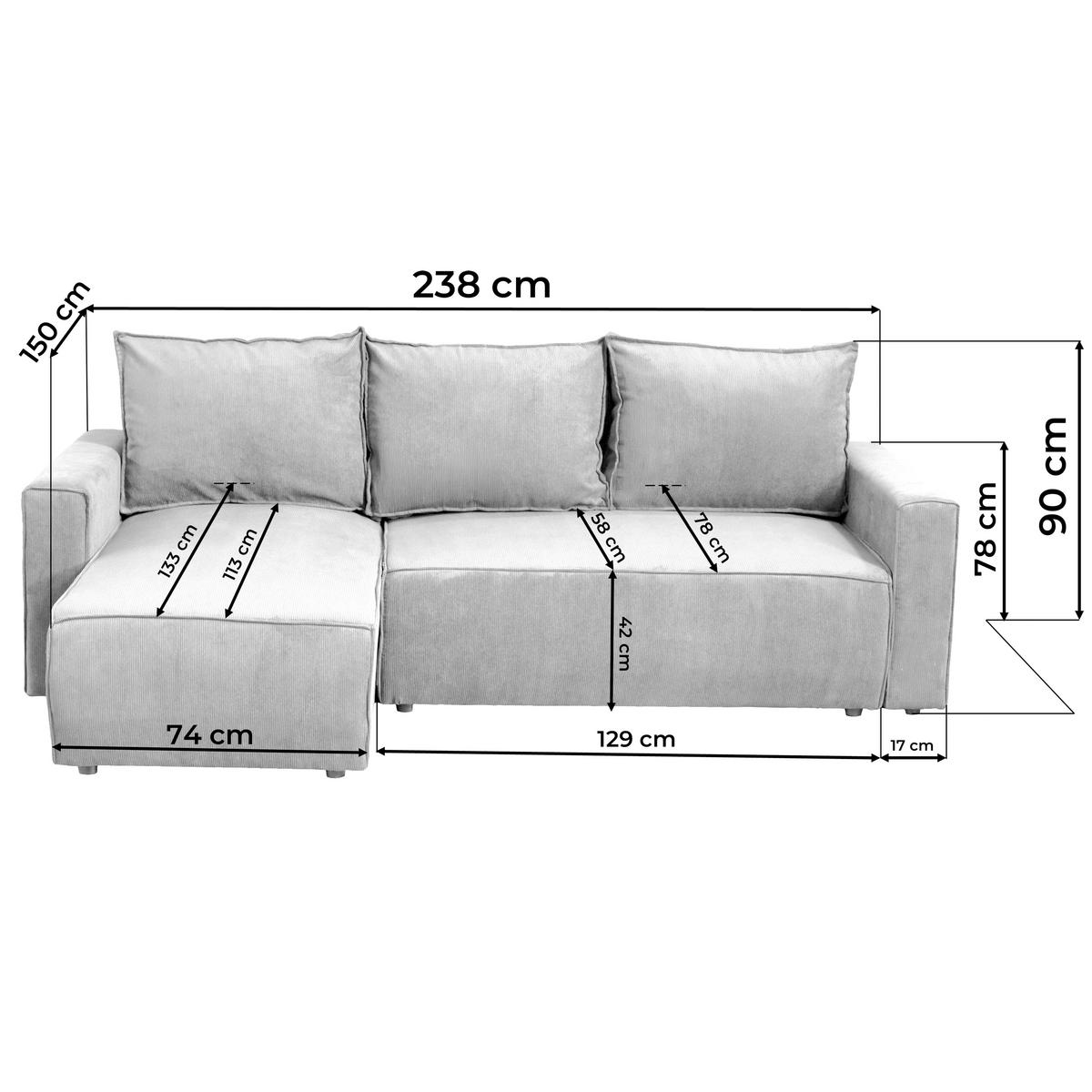 Ecksofa Potaro Feincord grau, S: 238x148cm - Schwarz/Grau, Trend, Holz/Kunststoff (238/148cm)