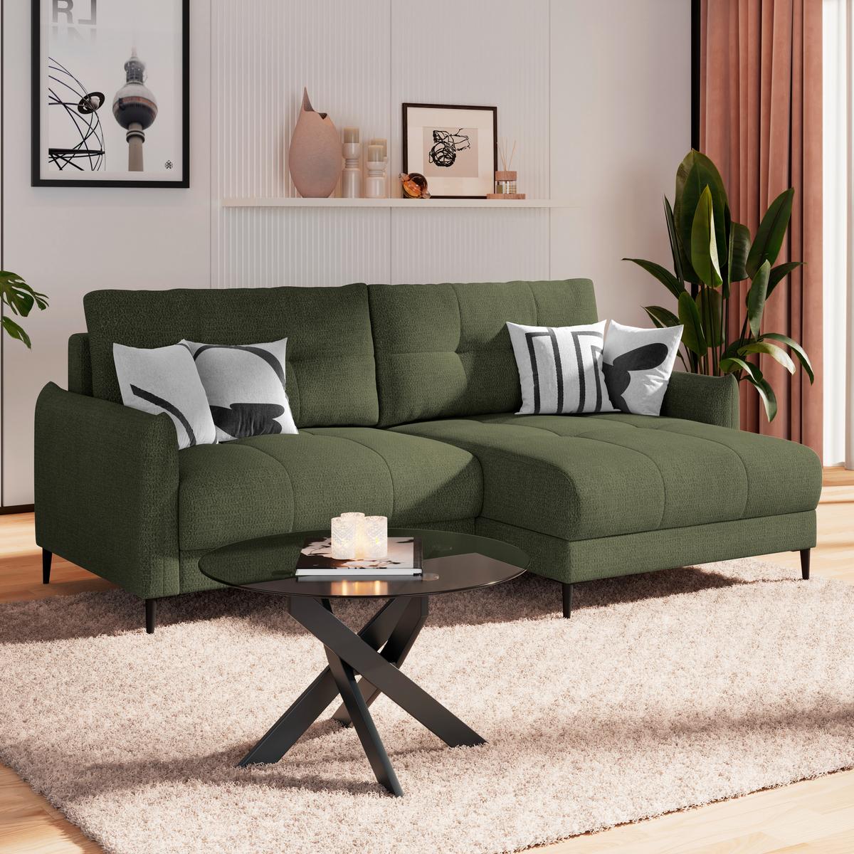 Ecksofa Polis Webstoff dunkelgrün, 221x142cm - Dunkelgrün/Schwarz, Trend, Textil (221/142cm) - Ondega