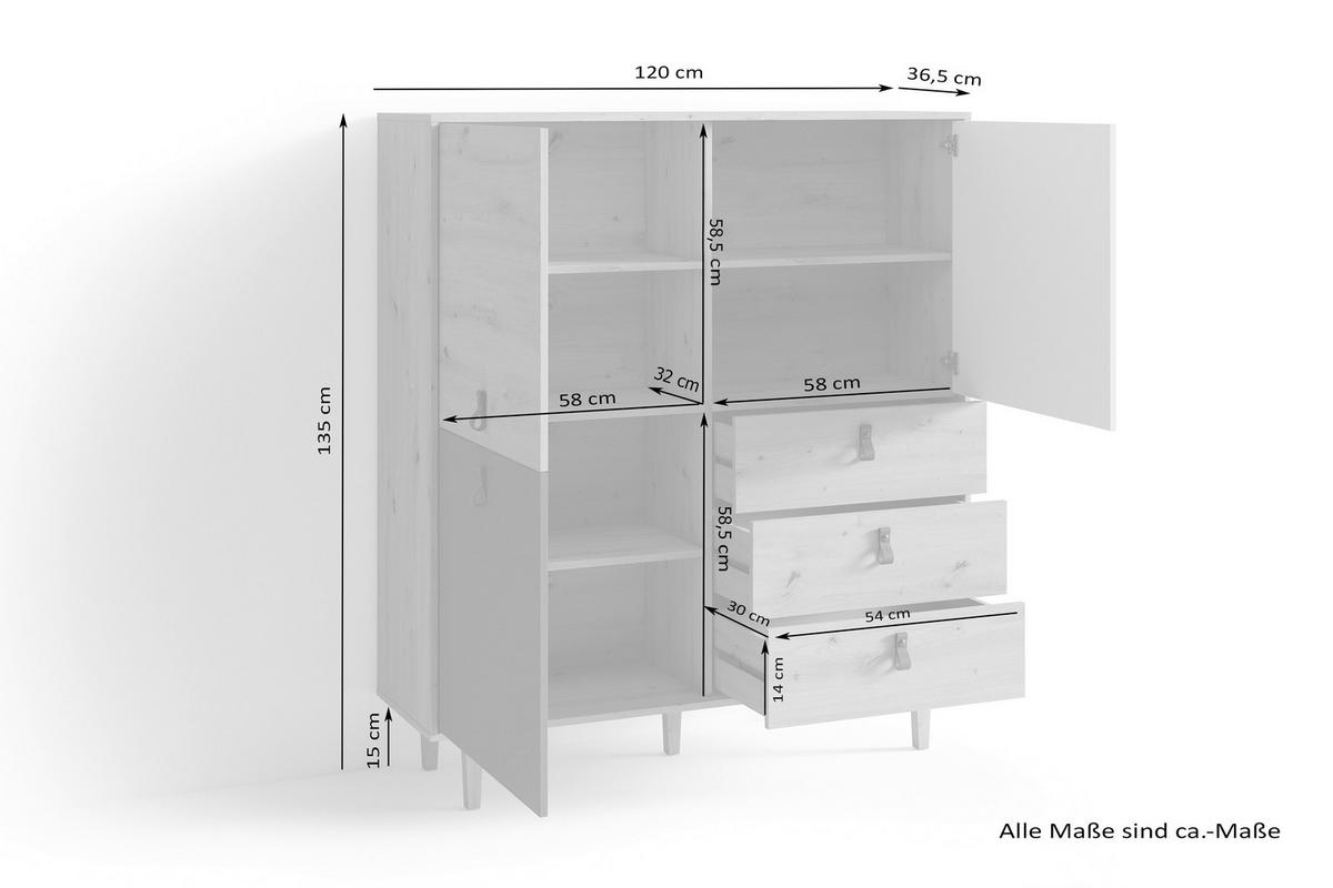 Highboard Bill Eiche Artisan/ Anthrazit/weiß B: 120 Cm - Eichefarben/Anthrazit, Design, Holzwerkstoff (120/135/36,5cm) - MID.YOU